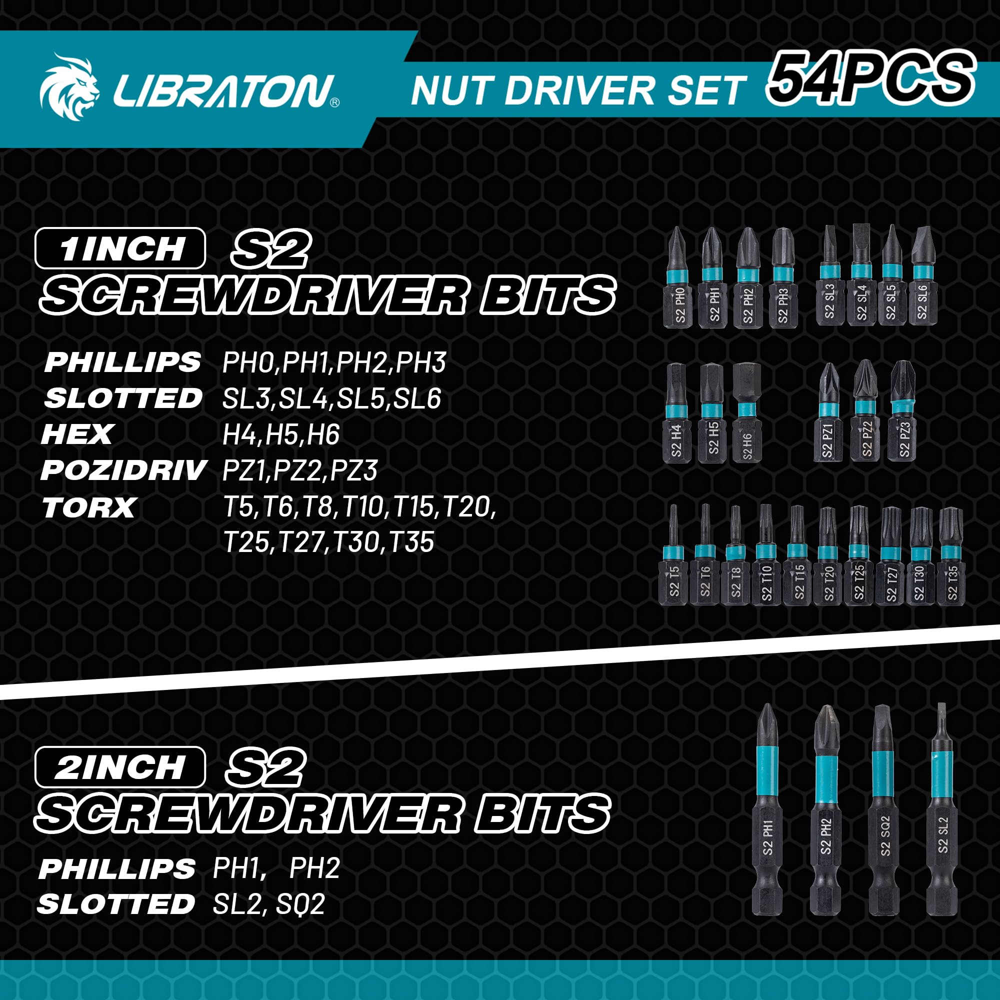 LIBRATON 24PCS Magnetic Nut Driver Set, Impact Drill Driver Bit Set 1/4", Metric and SAE Nut Drivers for Impact Drill, Impact Socket Adapters, Screwdriver Bits, Bit Holder, with Black Phosphating