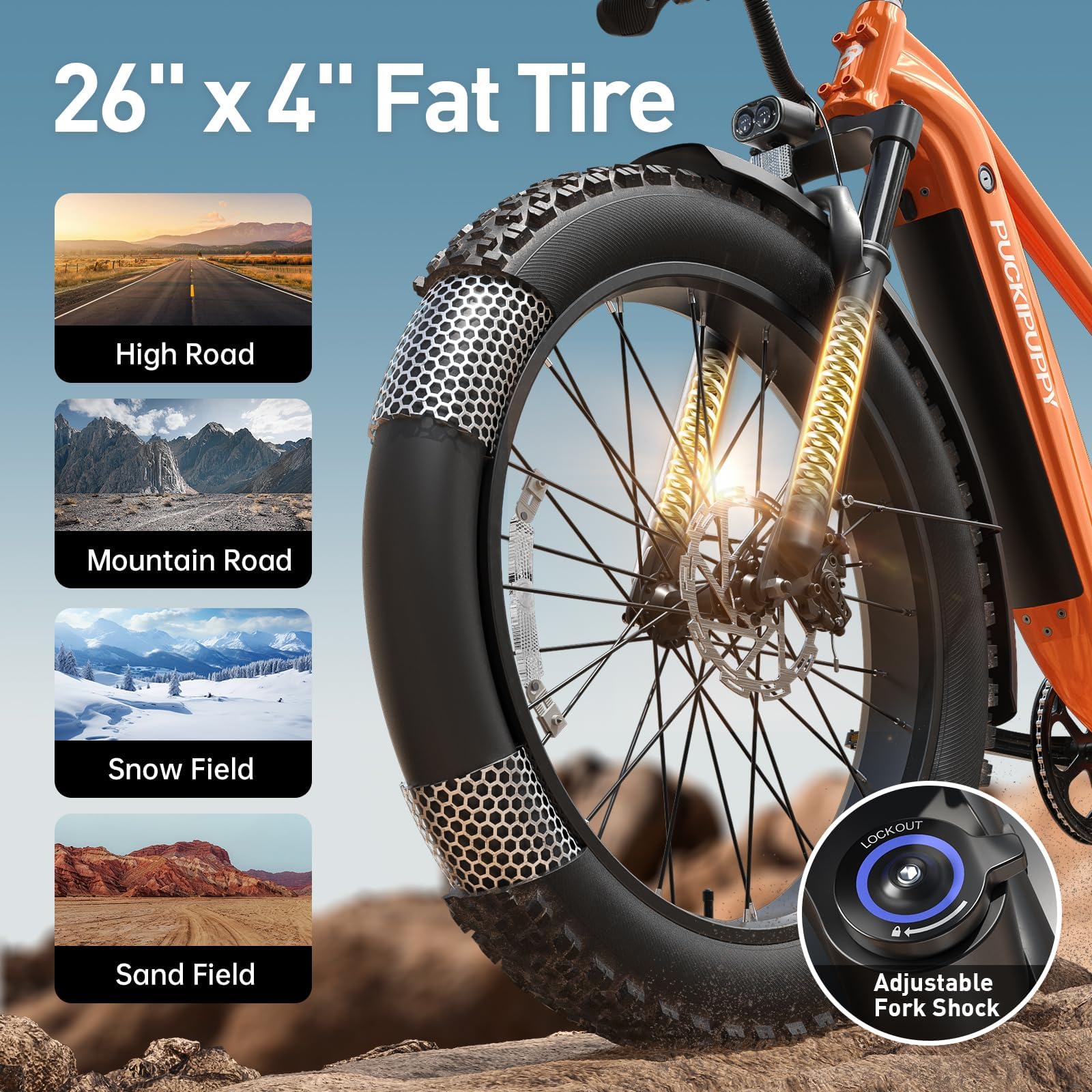 PUCKIPUPPY Electric Bike for Adults with 960W(Peak), 26" Fat Tire Electric Mountain Bike, 48V 15AH Removable Battery Ebike, 28MPH Aluminum Frame E Bike with Rear Storage Shelf