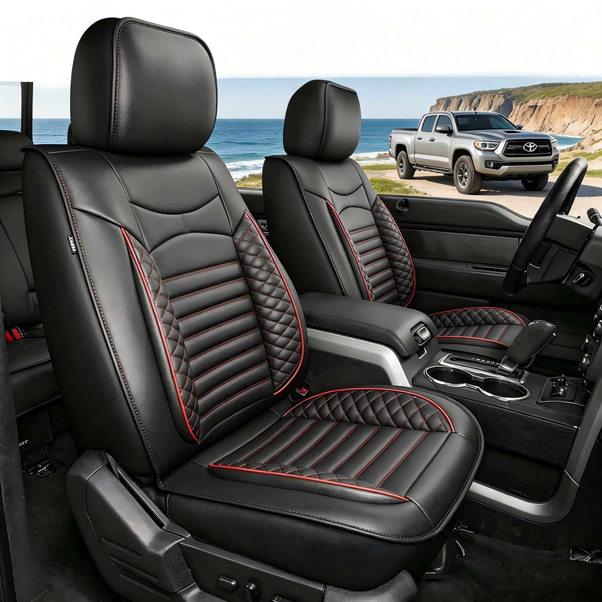 AOMSAZTO Seat Covers Fit for Ford F150 : 2009-2024 2025 2026 - F250/F350/F450 2017-2024 2025 2026 Truck Pick-up Front Car Seat Covers Faux Leather(Blackline, 2PCS Front)