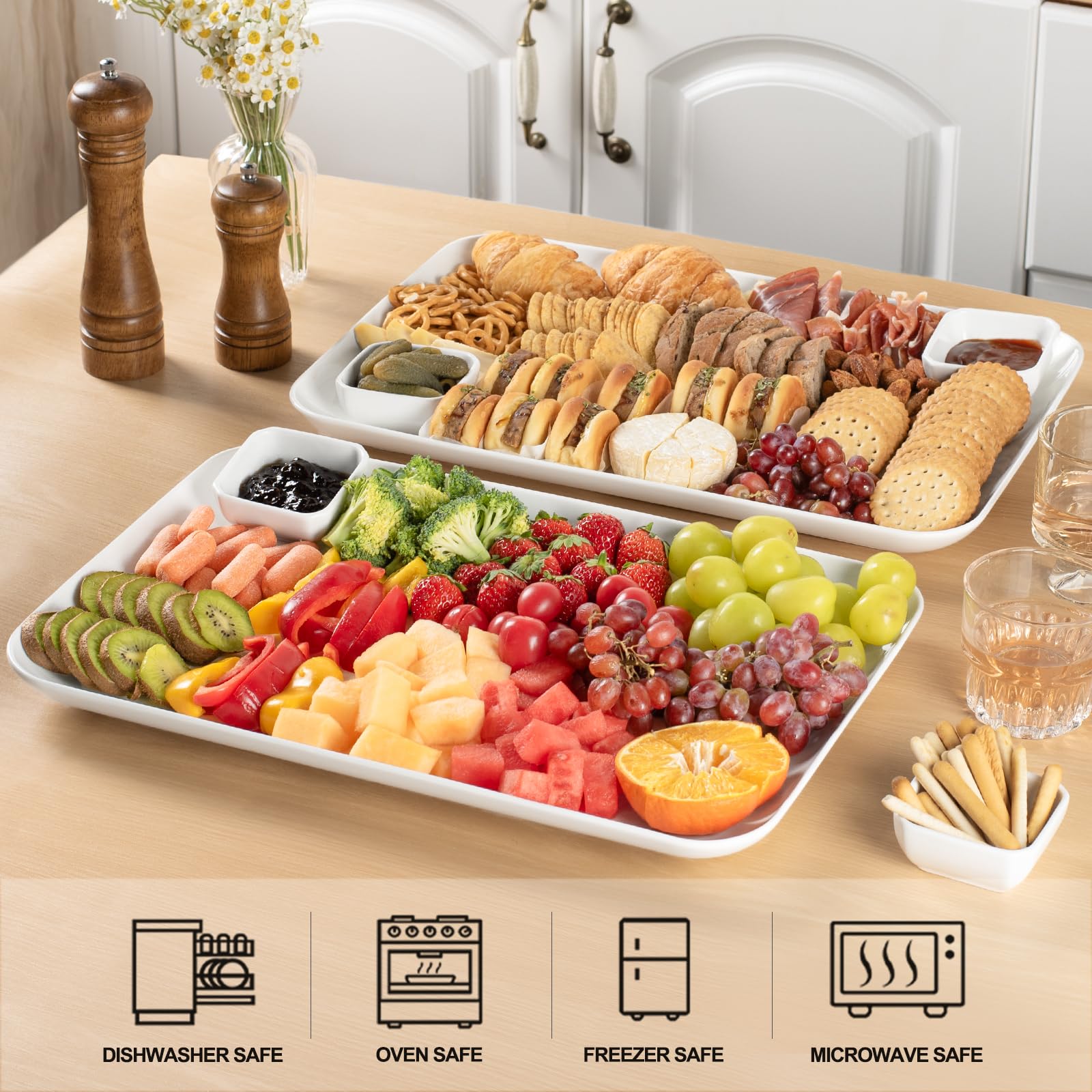 DELLING Large Serving Platter Set of 3, 16/14/12 Inch Porcelain Serving Trays for Party - Black Ceramic Rectangular Platters for Entertaining,Platter for Thanksgiving Christmas, Dishwasher Oven Safe