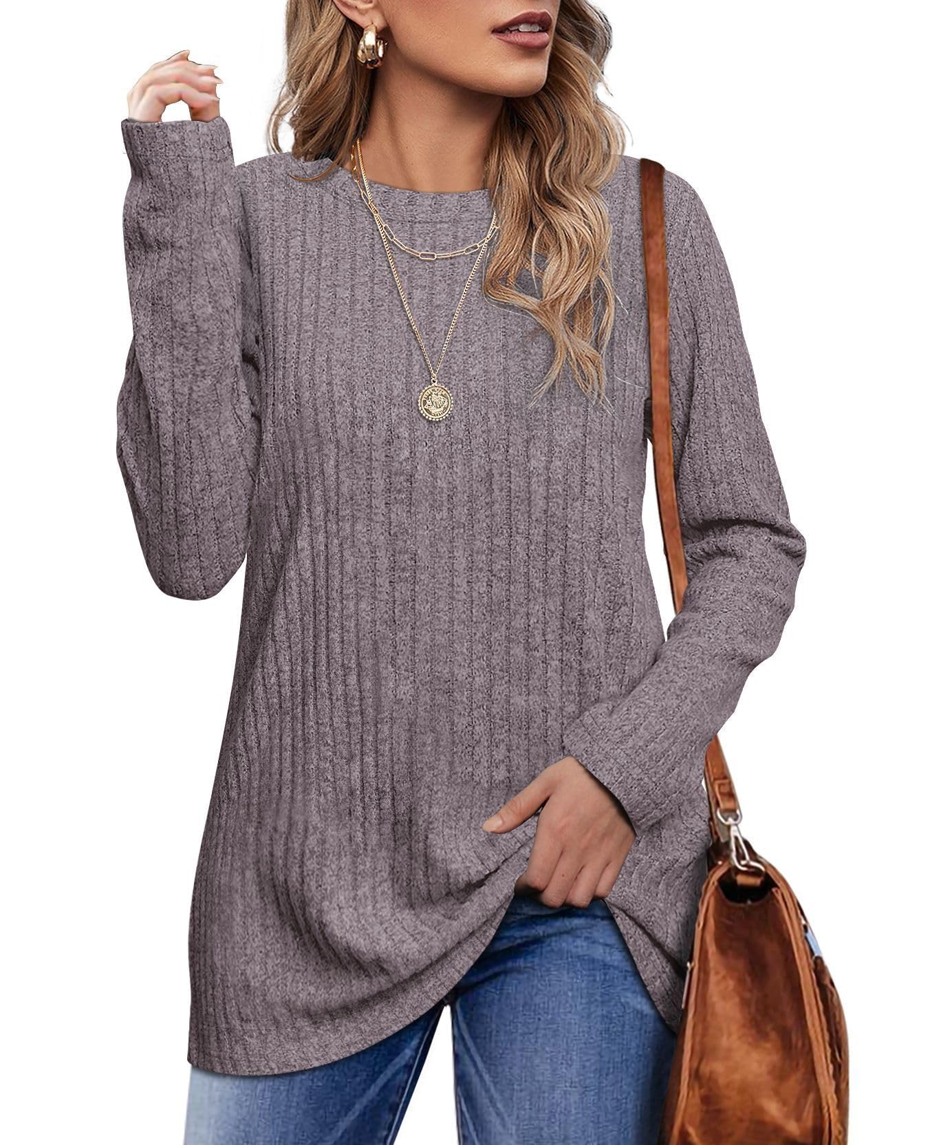OFEEFAN Long Sleeve Shirts for Women Loose Fit Crew Neck Tunic Tops Blouse Dressy Casual Fall Winter Clothes Outfits