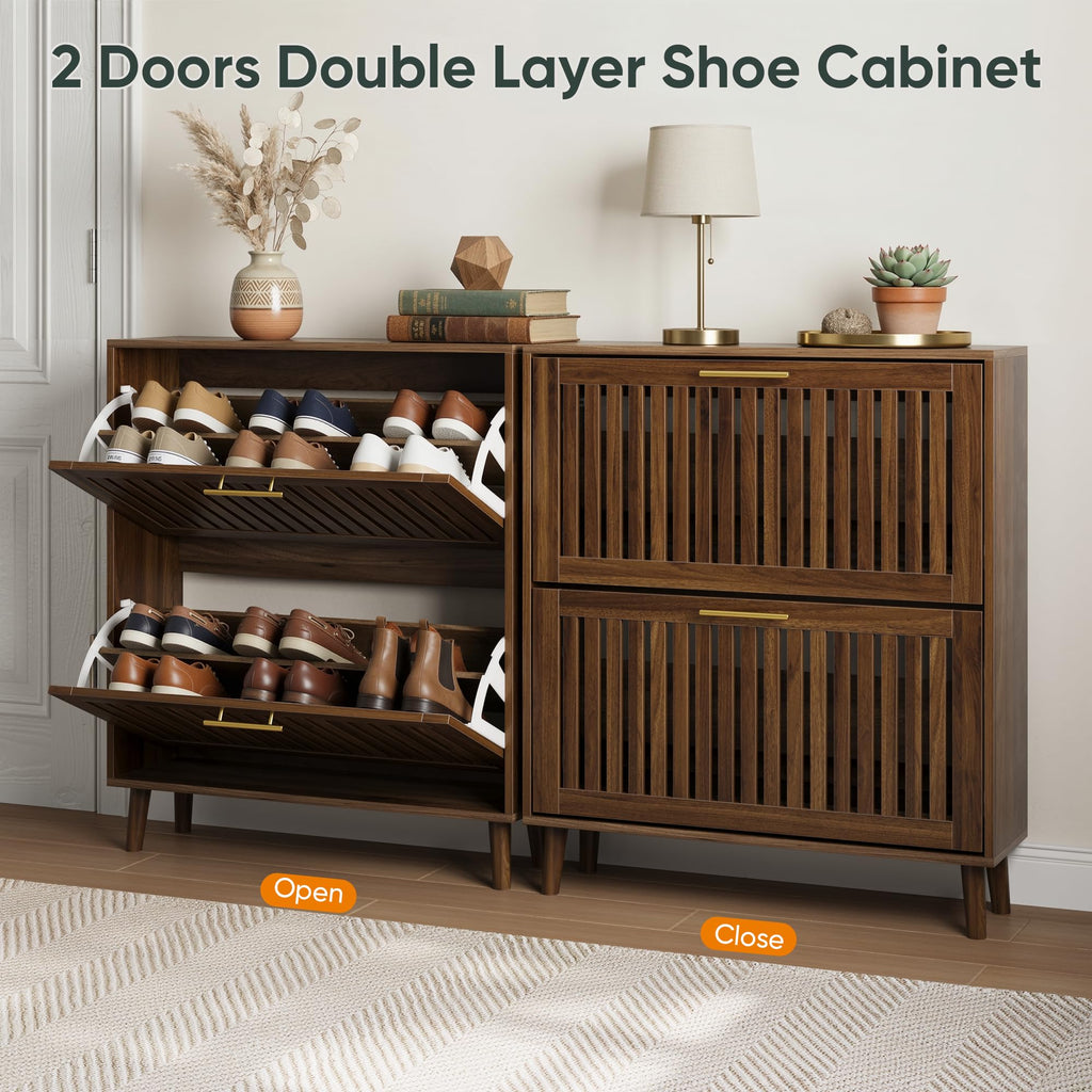 Smart FENDEE Shoe Cabinet with 2 Flip Slatted Drawers, Farmhouse Slim Shoe Organizer Rack with Golden Handles, Freestanding Hidden Entryway Storage for Hallway, Natural