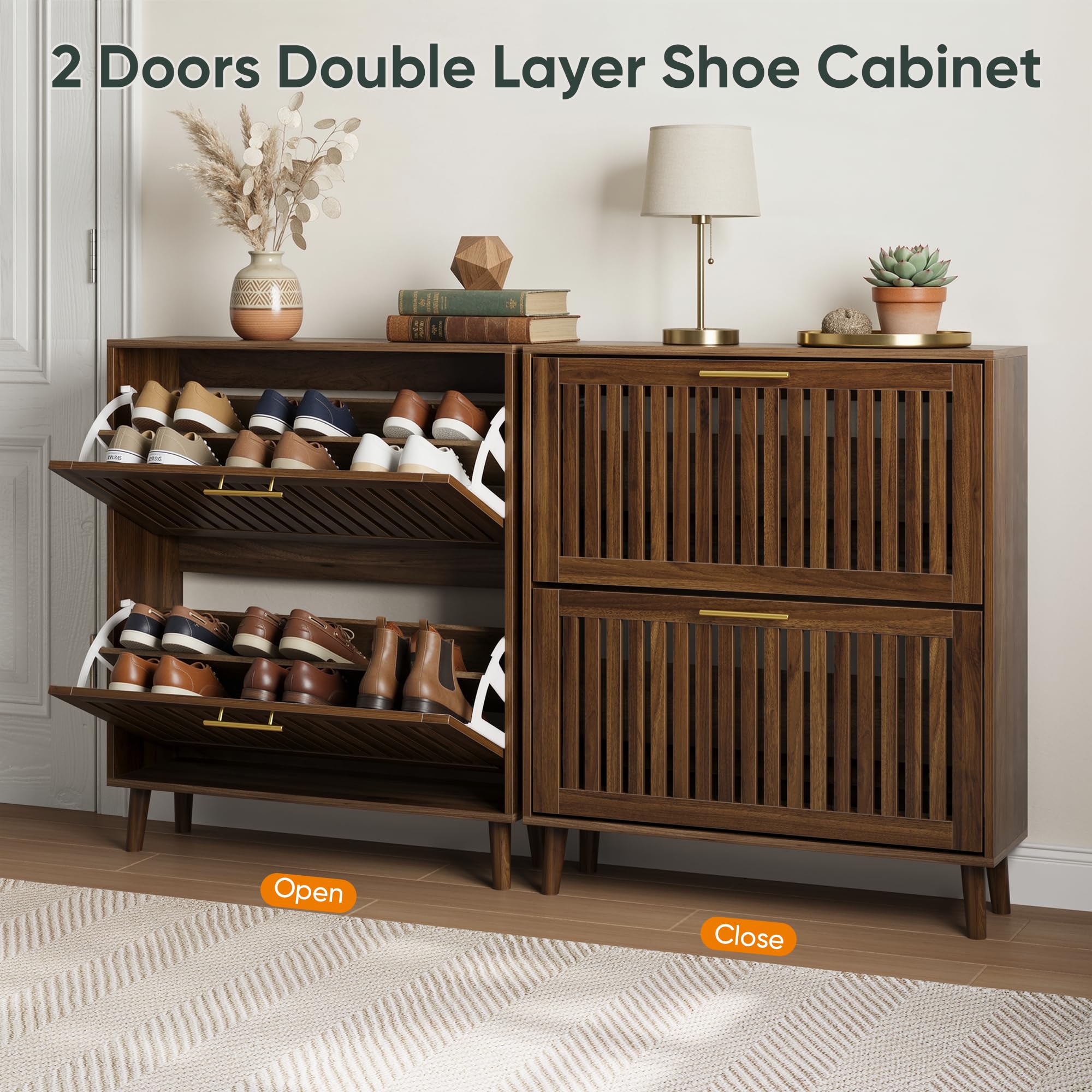 Smart FENDEE Shoe Cabinet with 2 Flip Slatted Drawers, Farmhouse Slim Shoe Organizer Rack with Golden Handles, Freestanding Hidden Entryway Storage for Hallway, Natural