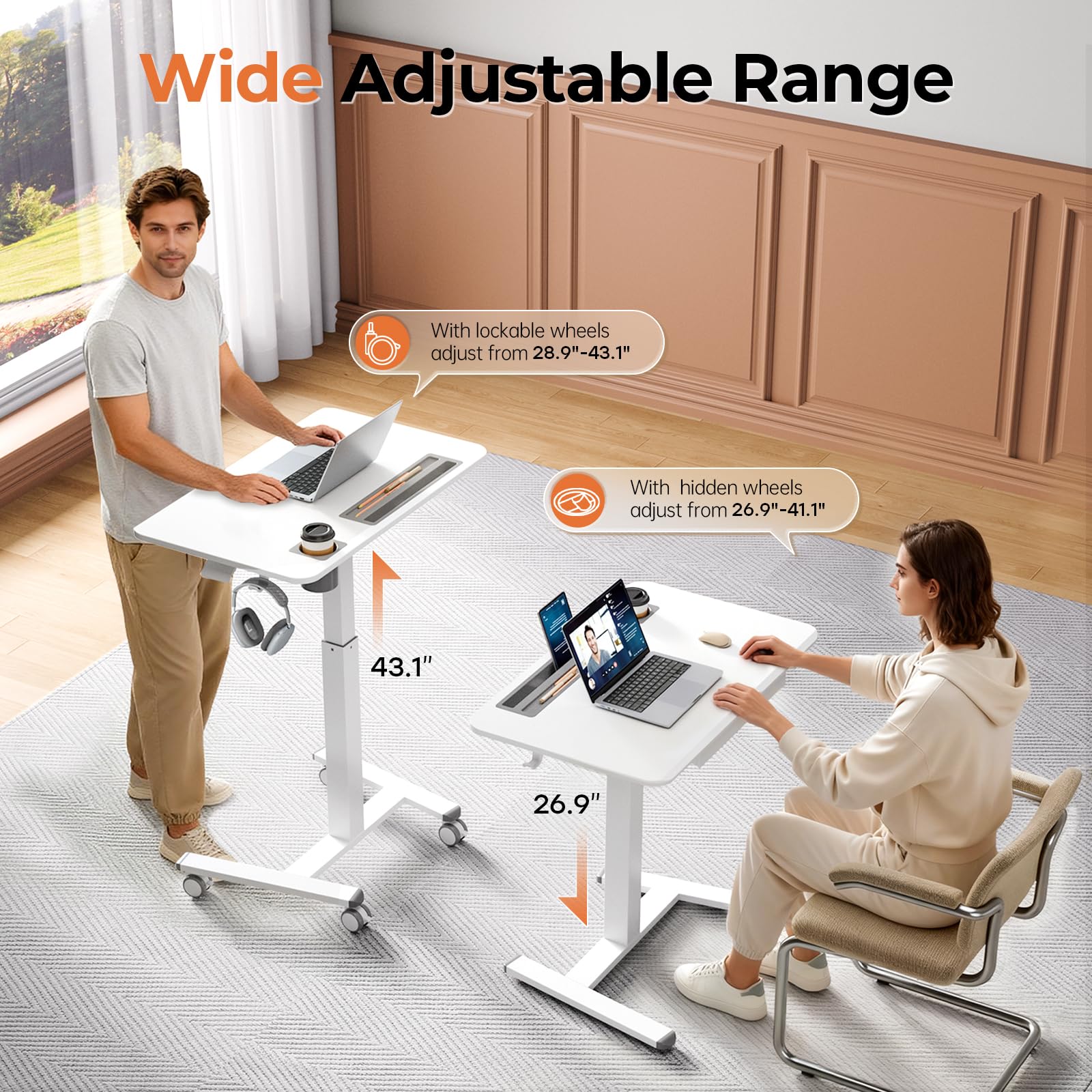 Small Mobile Standing Desk with Drawer, 23.6"x19.7" Rolling Laptop Cart on Wheels, Height Adjustable Sit Stand Computer Workstation with Storage for Compact Space, Black