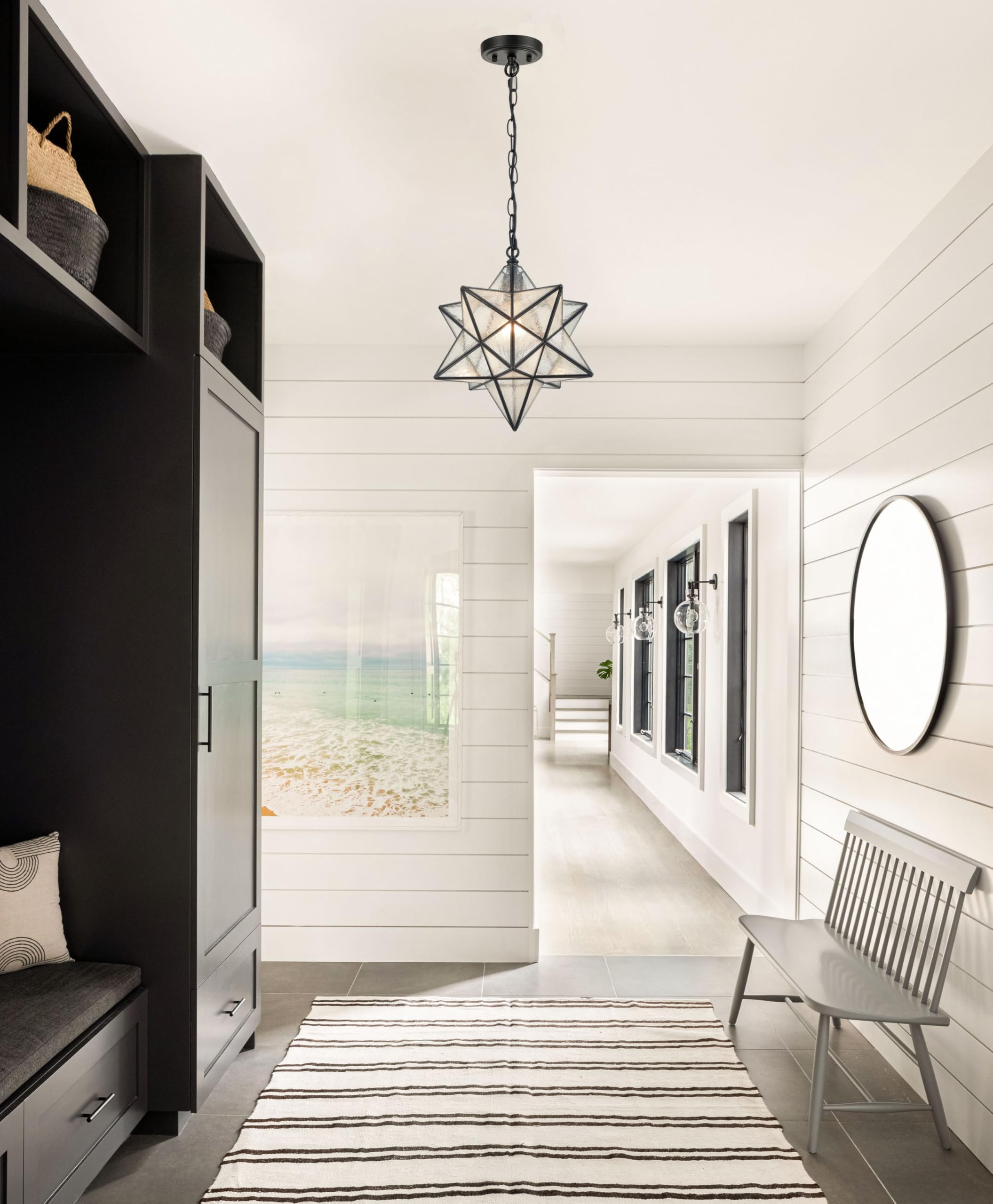14'' Moravian Star Pendant Light Seeded Glass Star Lights with Adjustable Hanging Chain Light for Kitchen Bedroom Dining-Dimmable