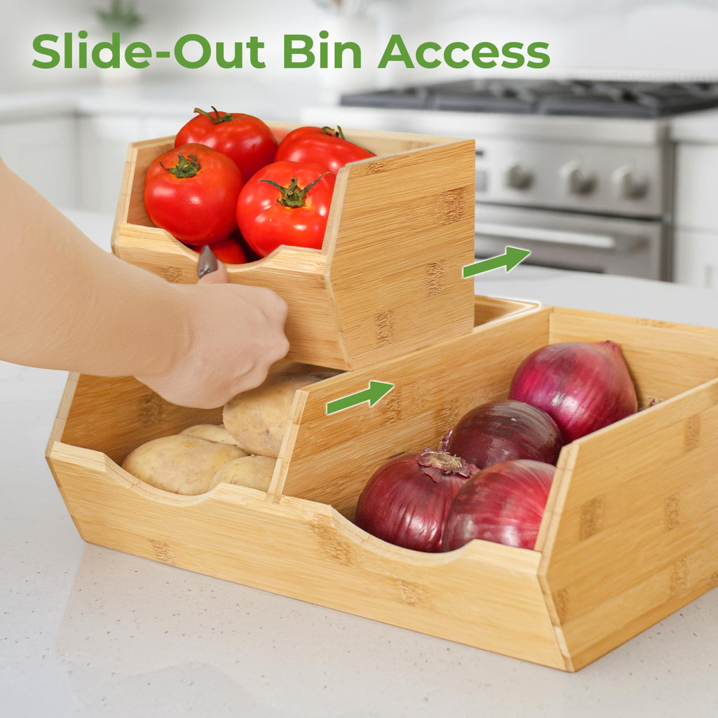 HOMESTEAD Bamboo Pantry Storage Bins – Stackable Potato & Onion Storage Bin for Kitchen Countertop, Pantry Organizer, Fruit Vegetable Basket, Multiuse - Set of 3 Slide-Out Access