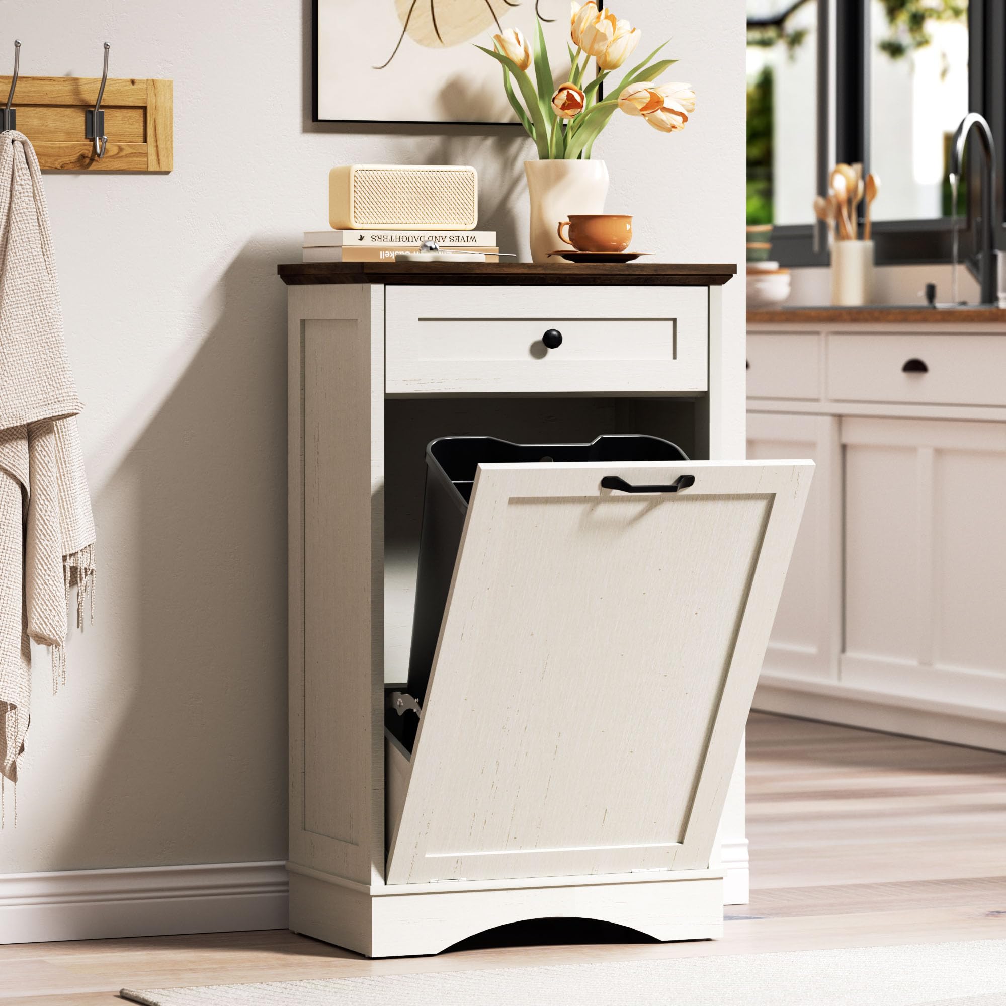 AHB Double Tilt Out Trash Can Cabinet Freestanding Kitchen Trash Can, 2x13 Gallons Hidden Garbage Recycling Cabinet with Hideaway Drawers Pet Proof Trash Can Holder for Kitchen, Antique White