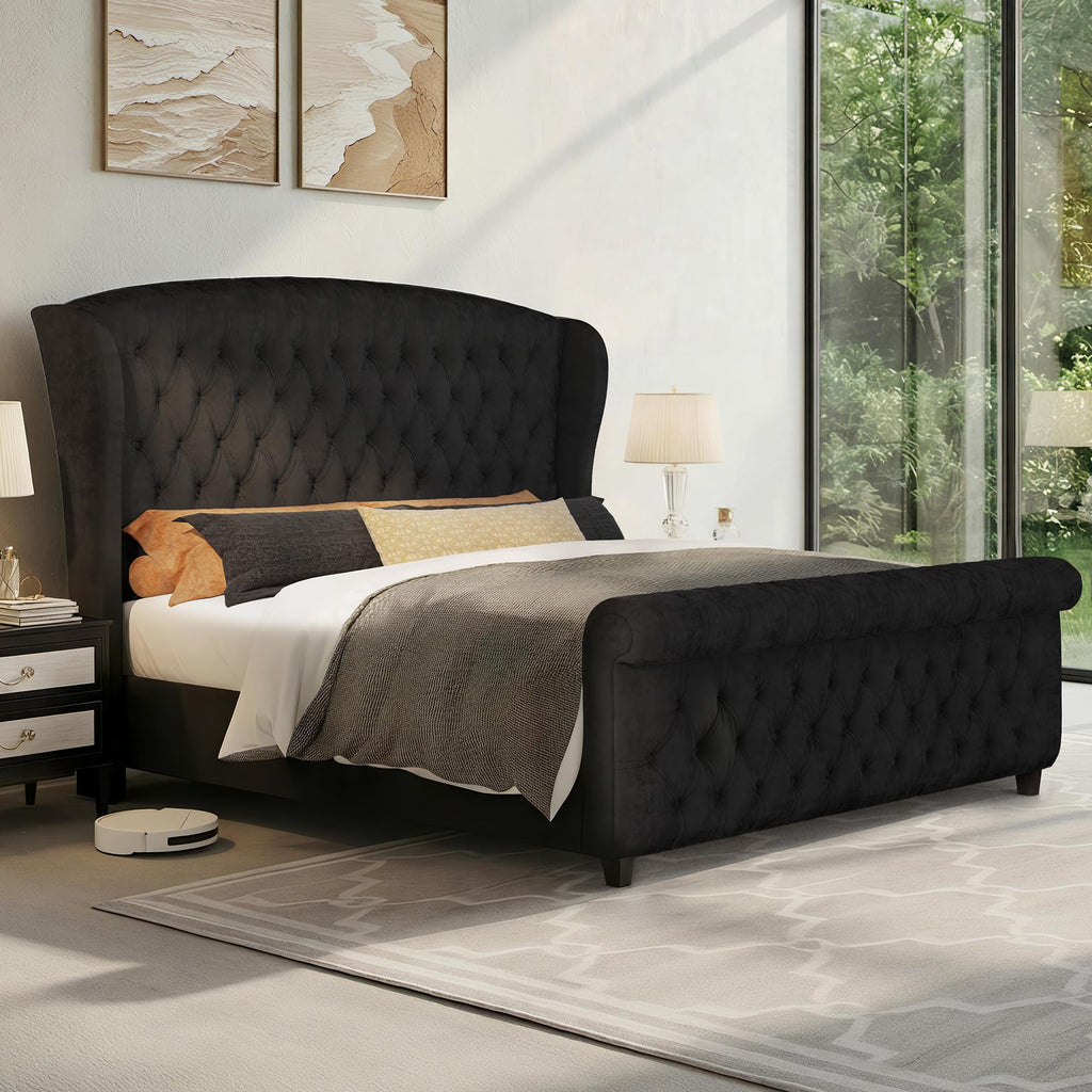 LUXOAK Queen Size Platform Bed Frame, Velvet Upholstered Sleigh Bed with Curved Headboard & Footboard, Deep Button Tufted, Wood Slats Support, No Box Spring Needed, Black
