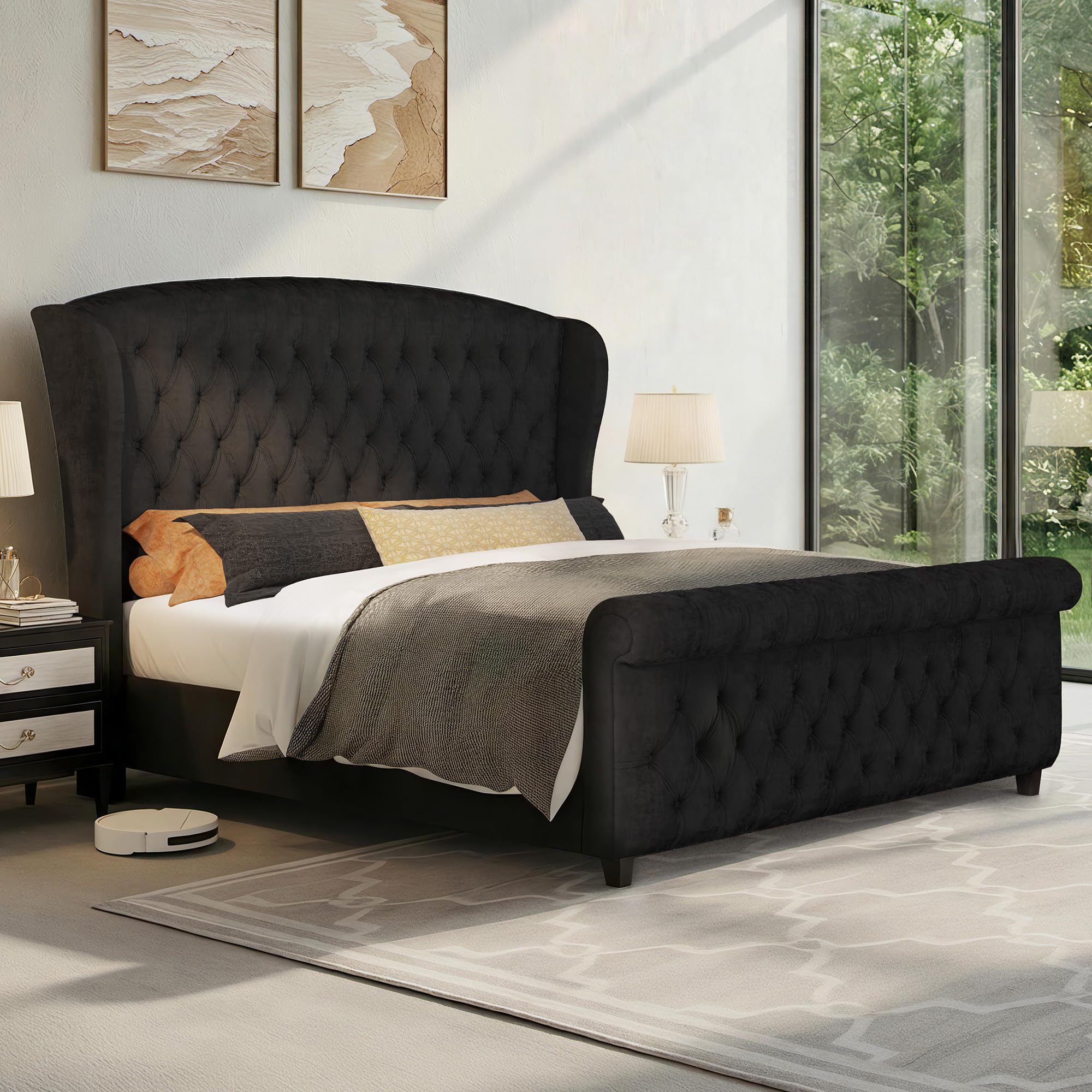 LUXOAK Queen Size Platform Bed Frame, Velvet Upholstered Sleigh Bed with Curved Headboard & Footboard, Deep Button Tufted, Wood Slats Support, No Box Spring Needed, Black