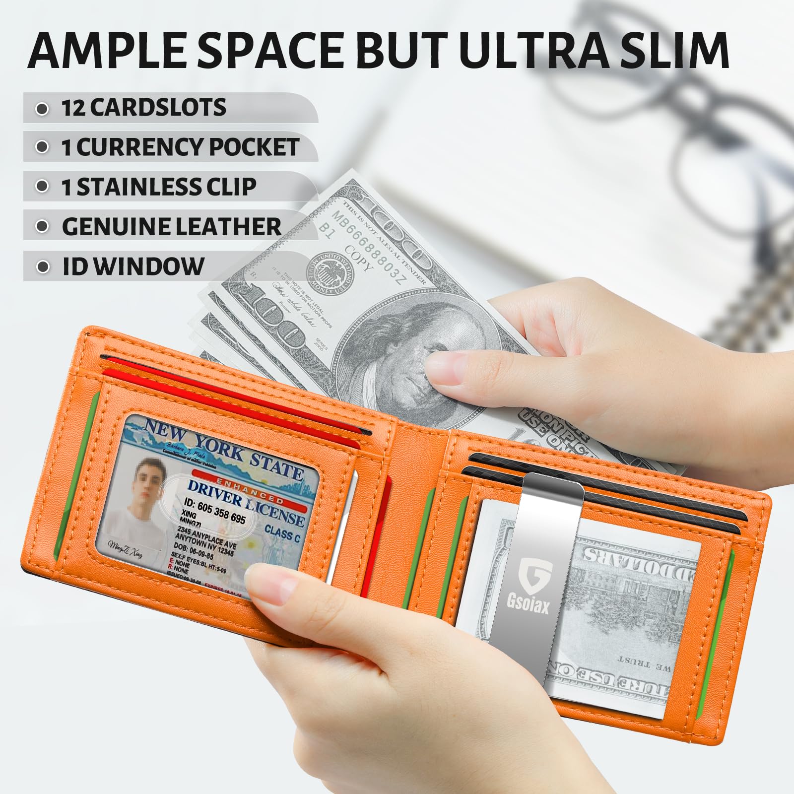 GSOIAX Slim Wallet for Men Rfid Blocking Leather Bifold Front Pocket Carbon Fiber Men's Money Clips Credit Card Holder With Gift Box