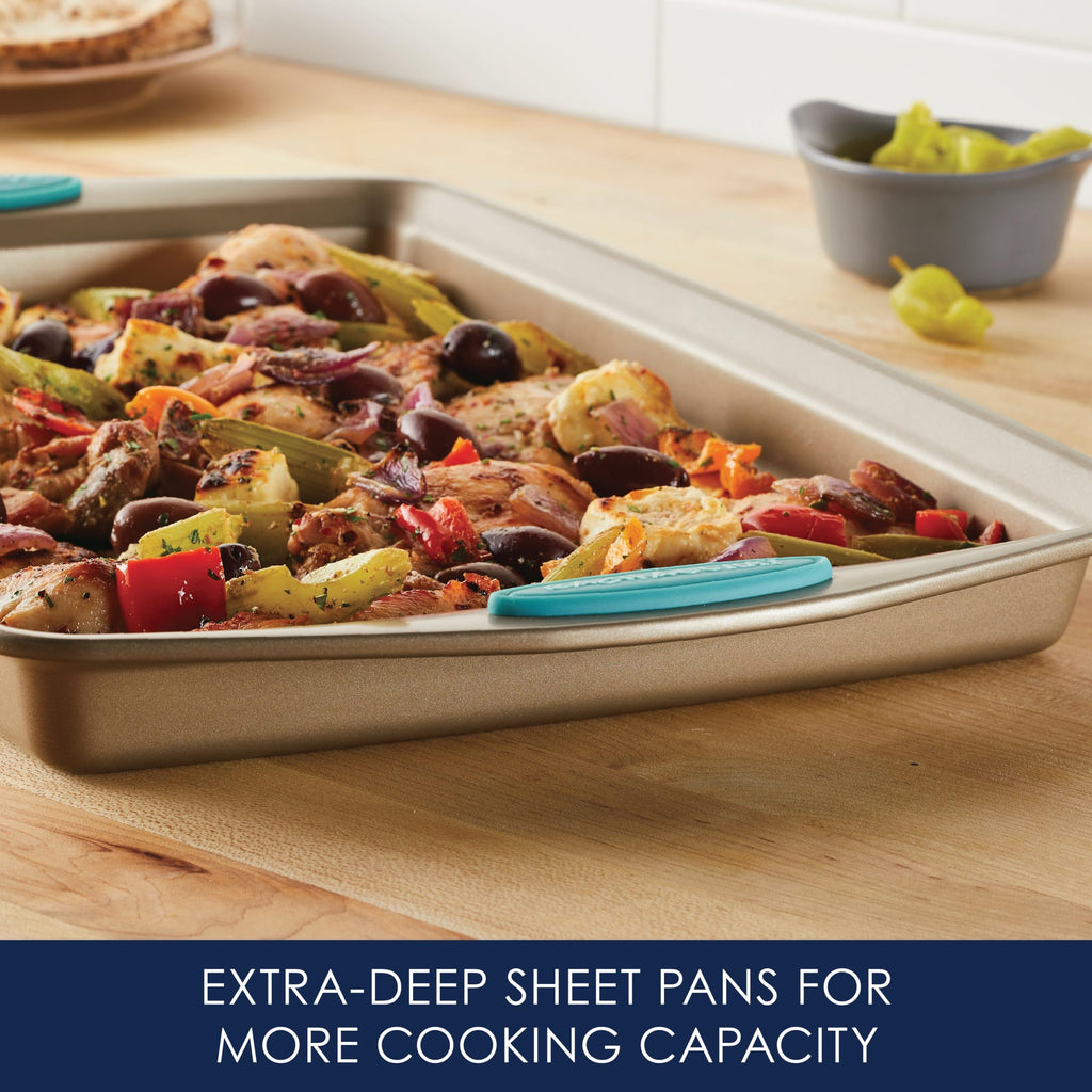 Rachael Ray Cucina Bakeware Set Includes Nonstick Cake Cookie Baking Sheet and Muffin Cupcake Pan, 4 Piece, Latte Brown with Agave Blue Grips
