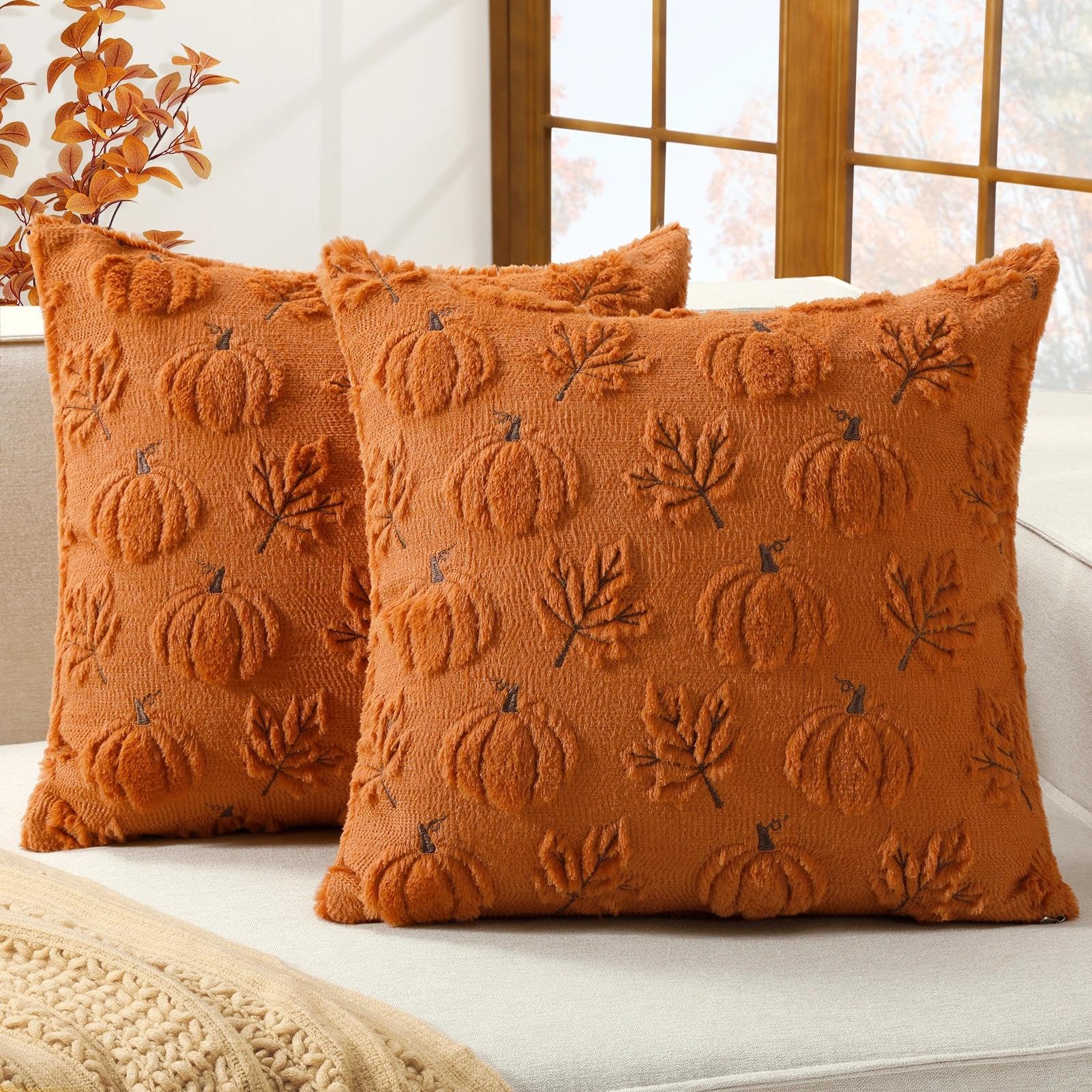 Fall Beige Pillow Covers 18x18 Set of 2 Double-Sided Pumpkin Plush | Boho farmhouse comfort with raised Autumn pumpkin embroidery, designed for living rooms, sofas, and cozy fall home decor.