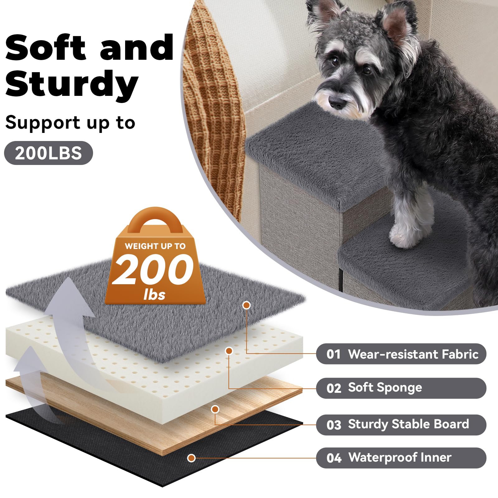 Zerbuger Dog Stairs with Condo 15" H, 2-Step Wider Dog Steps for Small/Medium/Large Old Dogs Cats, Folding Sturdy Storage Pet Stairs Climbing Bed Couch, Ramp for Car Hold Up to 150 lbs, Beige