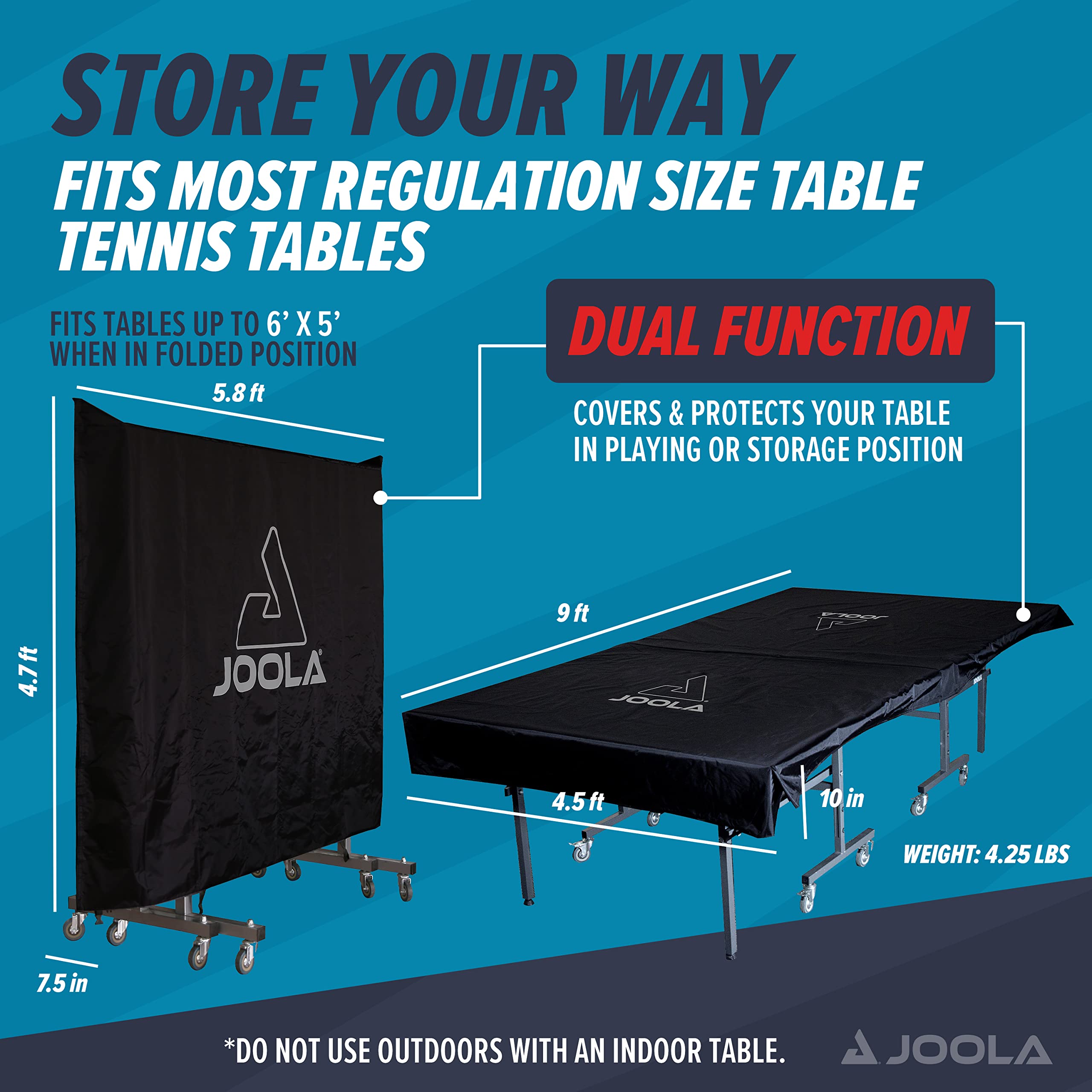 JOOLA Outdoor Ping Pong Table Cover Fits Both Folding & Flat Tables - Heavy Duty Waterproof Cover w/ PVC Coating - Dual Function, Fits 9x5 Tables in Upright or Down Positions - Inside & Outside