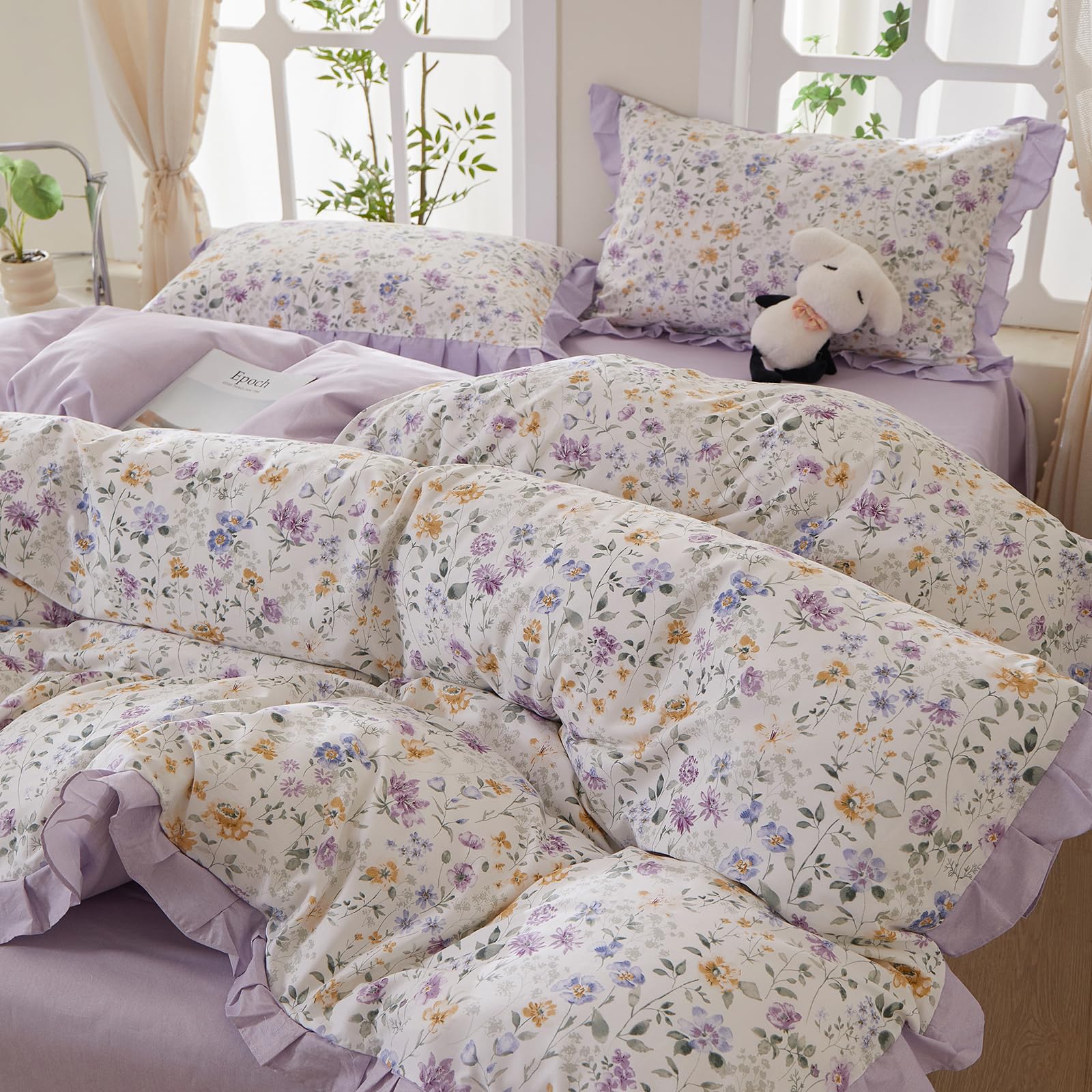 Pink Flower Duvet Cover Twin Chic Floral Print Ruffle Duvet Cover Cotton Lace Comforter Cover Country Style Floral Bedding Set Romantic Ruffle Comforter Cover Flower Bedding Cover with 2 Pillowcases