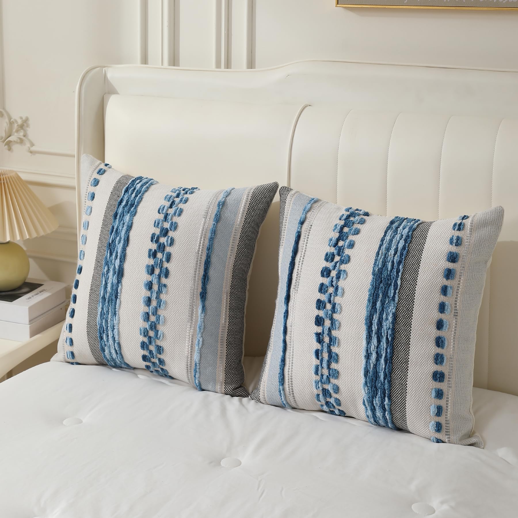 Boho Pillow Covers 18x18 Set of 2 for Couch-Modern Farmhouse Sofa Decorative Throw Pillow Covers Textured Chenille Cushion Covers Outdoor Netural Bohemian Pillow Cases Square