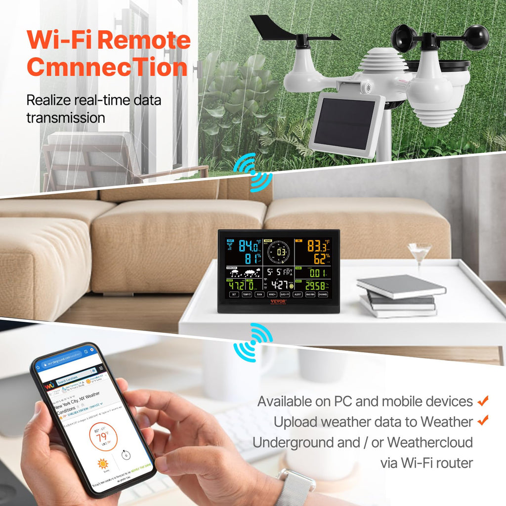VEVOR 5-in-1 Wireless Weather Station, 7.5-Inch VA Display, Solar Powered Outdoor Sensor, Rain Gauge, Indoor Outdoor for Weather Forecast, Temperature, Humidity, Wind Speed and Direction (No WiFi)