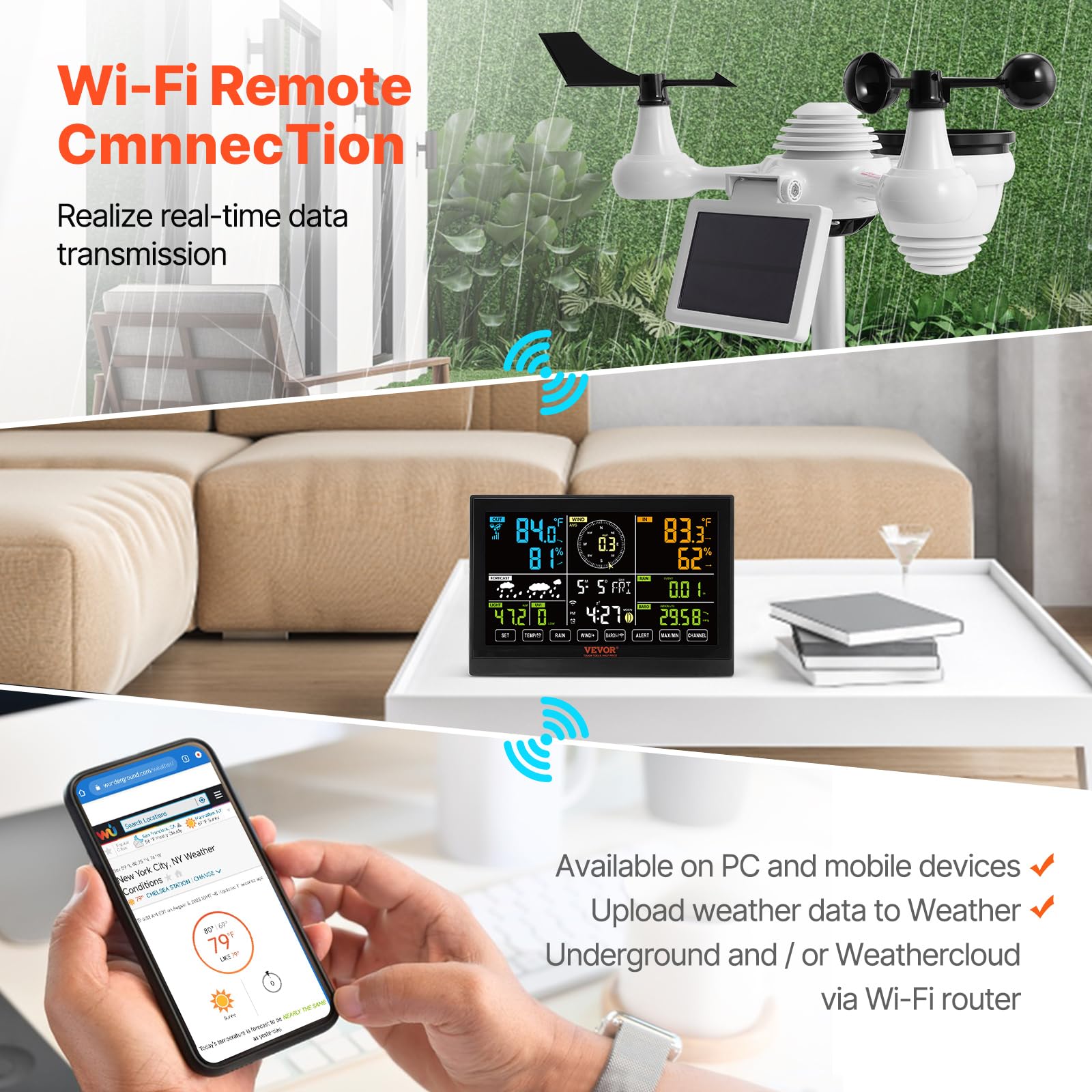 VEVOR 5-in-1 Wireless Weather Station, 7.5-Inch VA Display, Solar Powered Outdoor Sensor, Rain Gauge, Indoor Outdoor for Weather Forecast, Temperature, Humidity, Wind Speed and Direction (No WiFi)