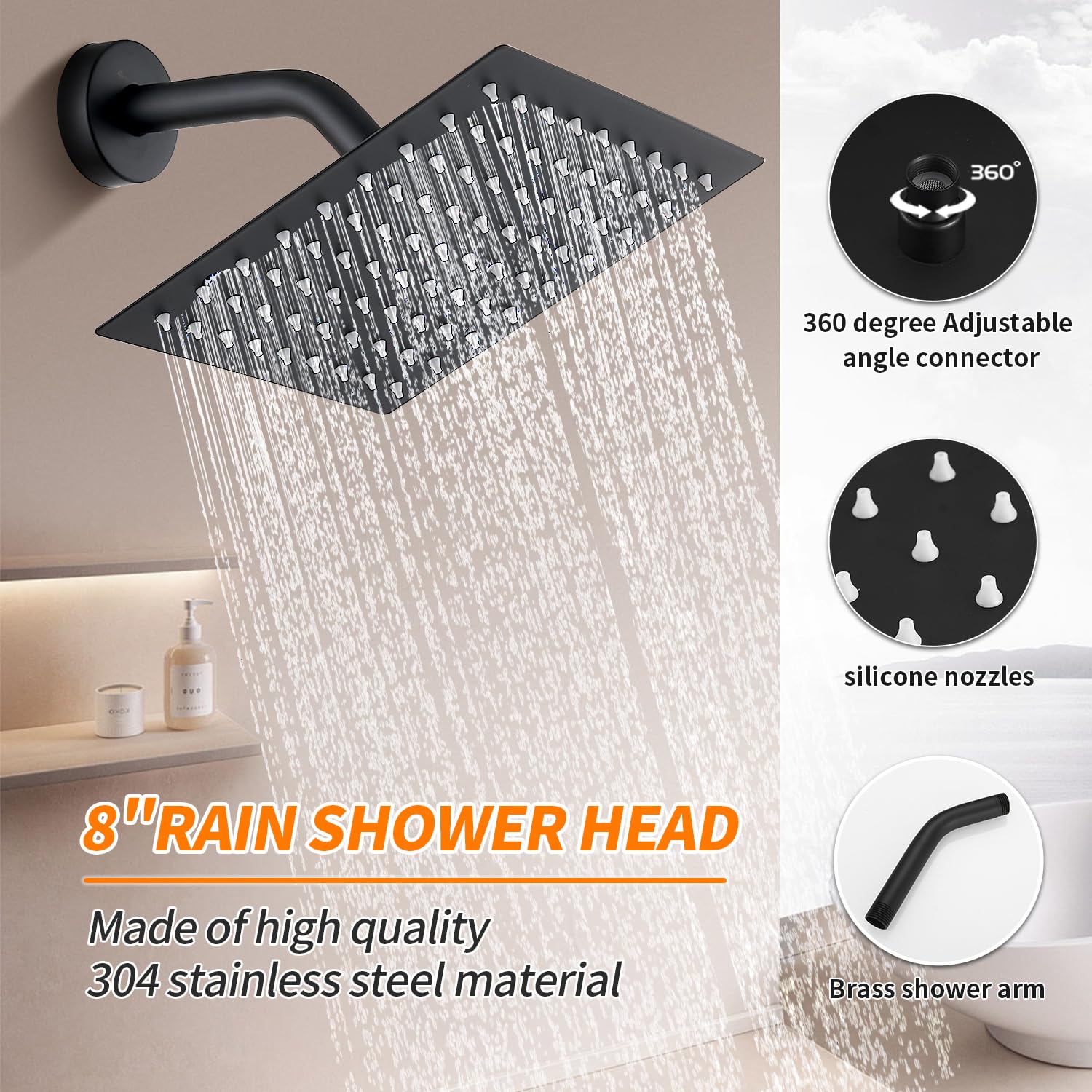 Gold Brushed Tub Shower Faucet Set With 8" Shower Head & Spout