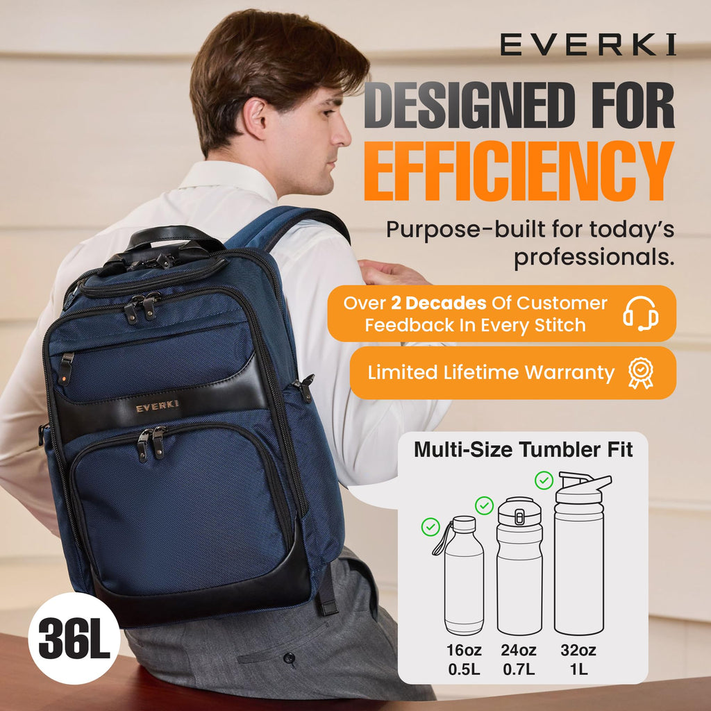 EVERKI Onyx 25L Business Laptop Backpack – Professional Travel Backpack for Men & Women, Laptop Bag with Premium Leather Ballistic & Nylon, Office & Flight Approved, Fits Laptops up to 15.6” - Black