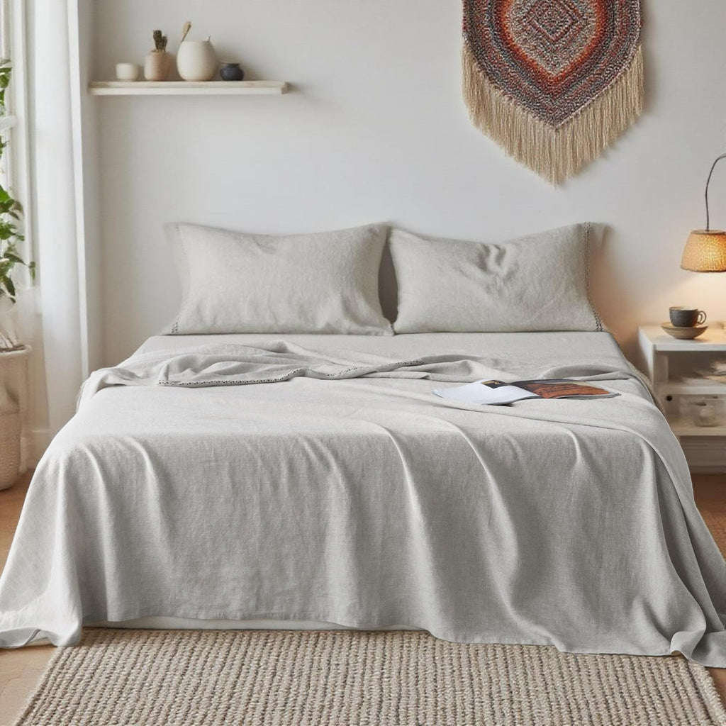 Simple&Opulence 100% Pure Linen Sheet Set Twin Size, Natural French Flax Solid Color 3 Pcs Washed Breathable, Farmhouse Bedding (1 Flat Sheet,1 Fitted Sheet,1 Pillowcase)-Embroidery Dark Grey
