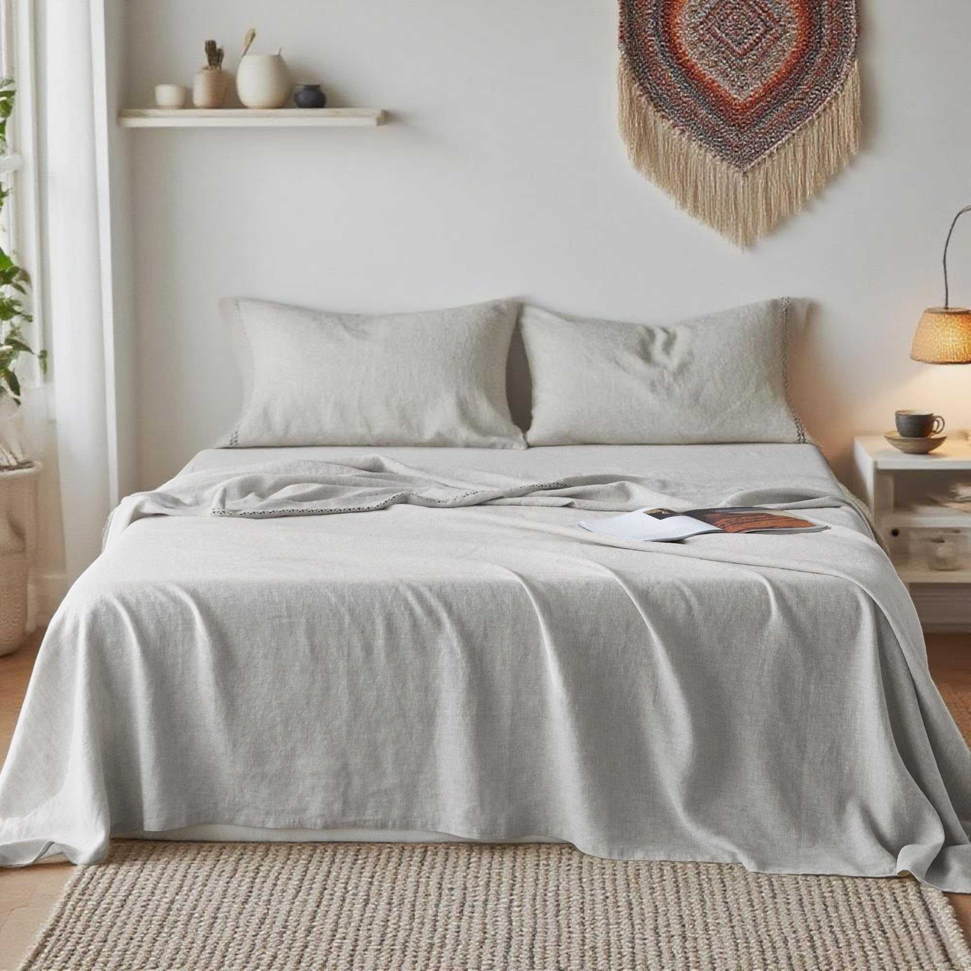 Simple&Opulence 100% Pure Linen Sheet Set Twin Size, Natural French Flax Solid Color 3 Pcs Washed Breathable, Farmhouse Bedding (1 Flat Sheet,1 Fitted Sheet,1 Pillowcase)-Embroidery Dark Grey