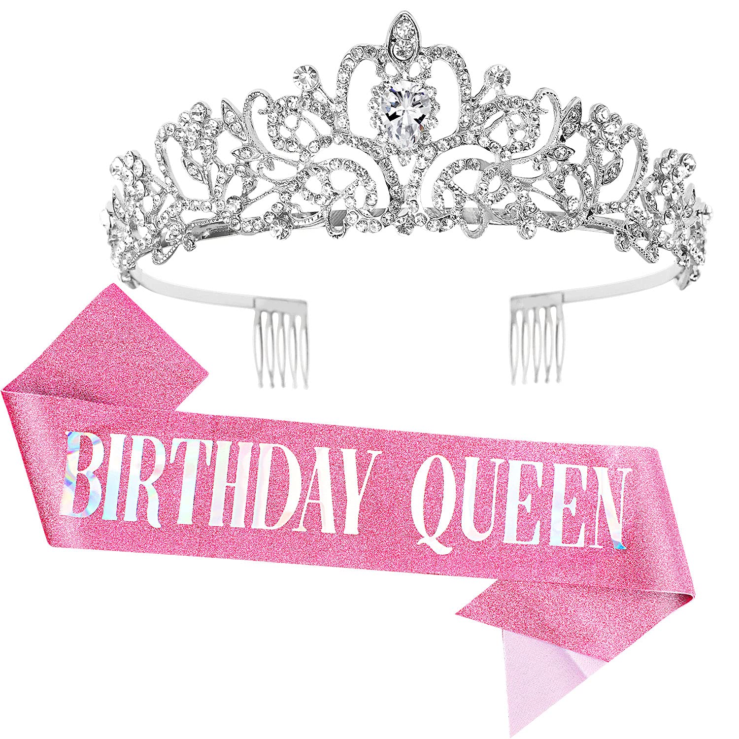 COCIDE Birthday Silver Tiara and Crowns Kit - Silver Tiara, Crown, Sash, Rhinestone Headband, Glitter Sash for Women & Girls Birthday Party Decorations