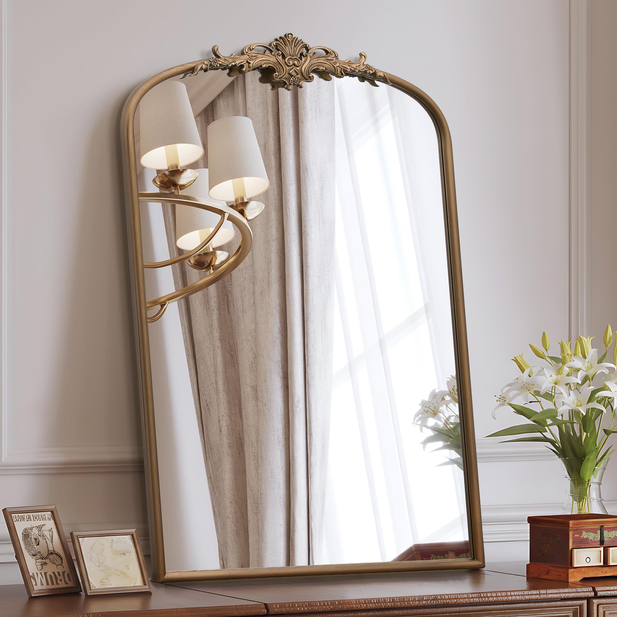 Besdomus Vintage Arched Black Mirror: 32"x24" French Large Black Vintage Wall Mirror - Baroque Traditional Ornate for Living Room/Fireplace/Bathroom- Ideal Gifts for Housewarming/Birthday