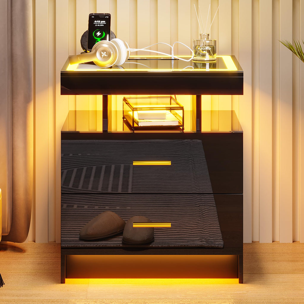 HNEBC LED Nightstand with Charging Station,Smart Bedside Table with Motion Sensor Lights,3 Drawers,Tempered Glass Top,High Gloss End Table with 3 Color Lights for Bedroom, Living Room,Office-Black