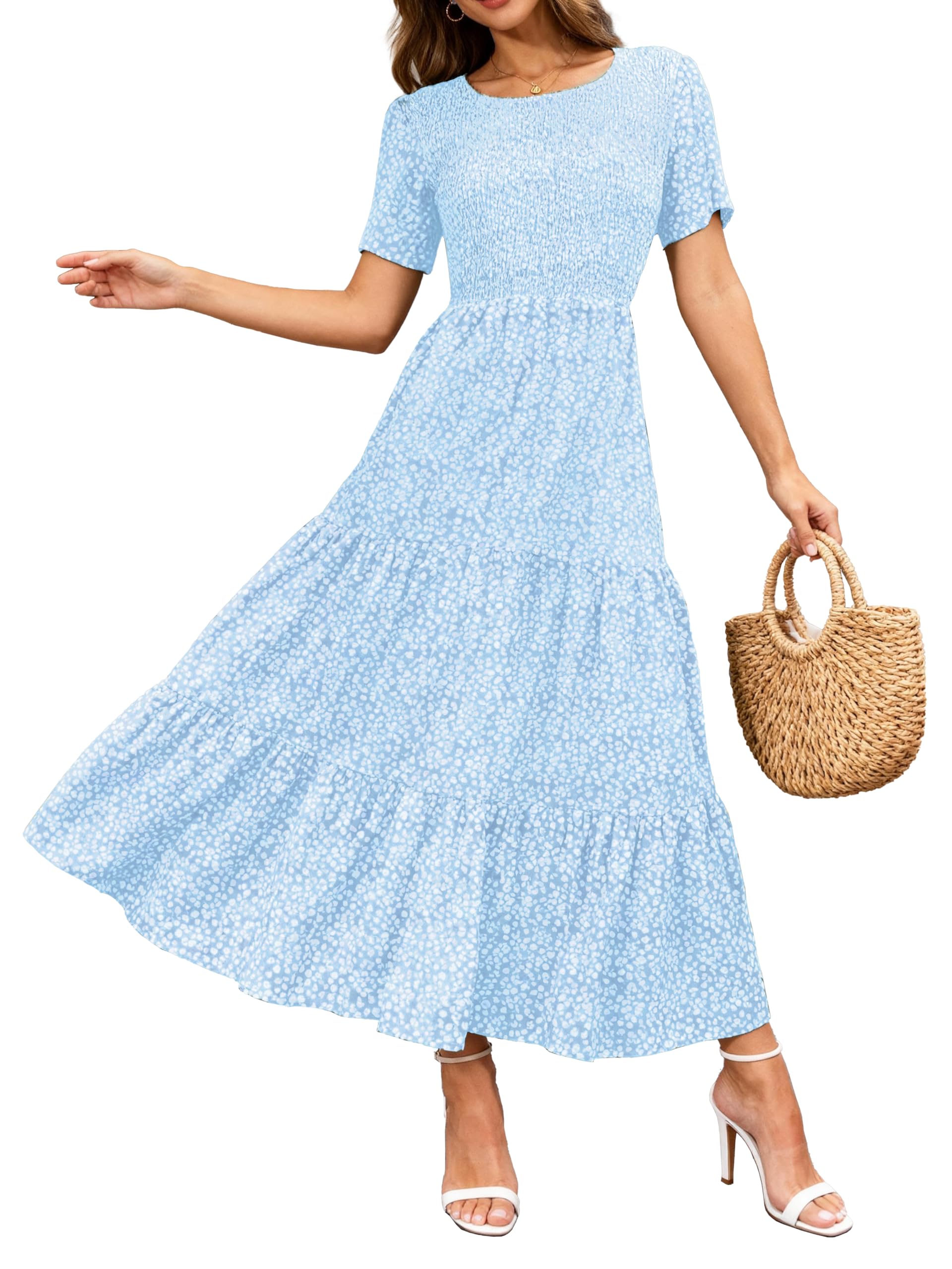 BTFBM Women Casual Short Sleeve Crew Neck Summer Dress Bohemian Floral Printed Flowy Maxi Dresses Tiered Cocktail Dress