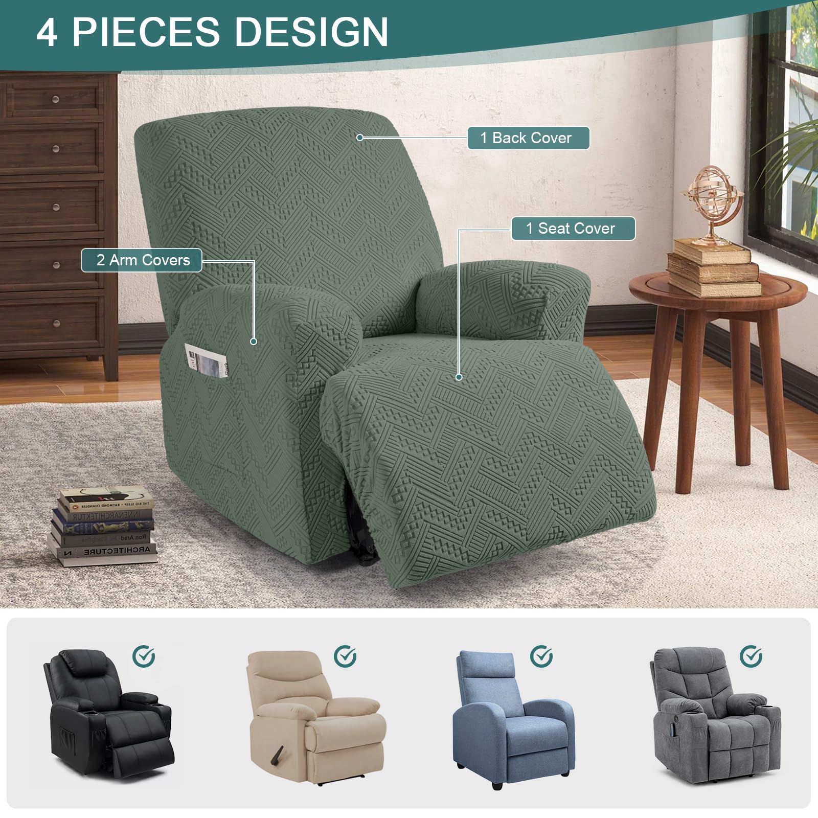 Ruaozz Recliner Chair Covers 3-Pieces Lazy Boy Recliner Slipcovers Stretch Reclining Chair Slipcover Washable Furniture Protector with Elastic Bottom (1 Seater, Army Green)
