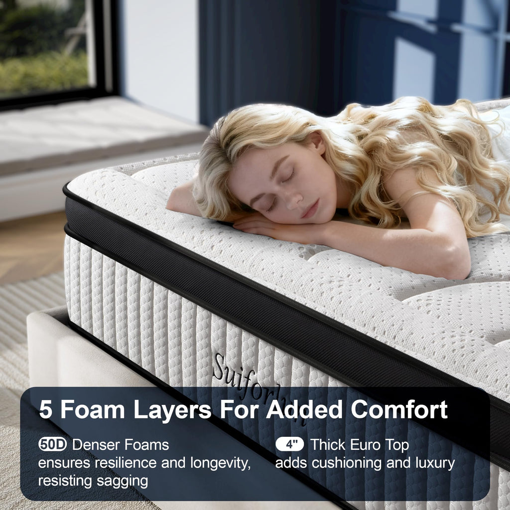 Suiforlun Full Size Mattress, 14 Inch Gel Memory Foam Hybrid Full Mattress in a Box with Pocket Springs, Euro Top Luxury 7 Premium Layers, Cooling Comfort & Pain Relief, Medium-Firm