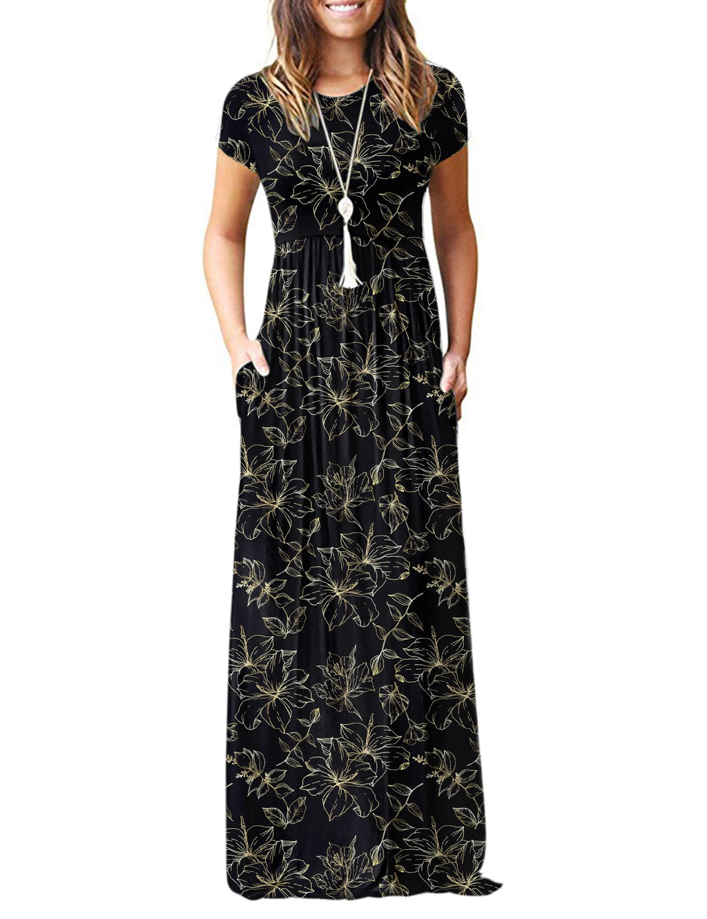 MISFAY Women Short Sleeve Loose Plain Maxi Dresses Casual Long Dresses Pockets