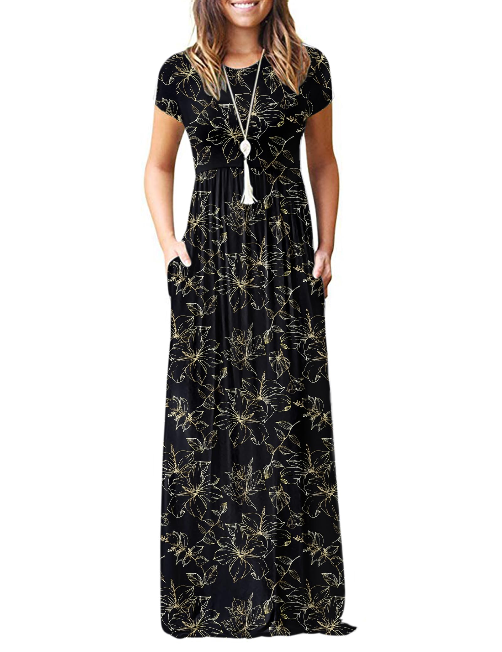 MISFAY Women Short Sleeve Loose Plain Maxi Dresses Casual Long Dresses Pockets