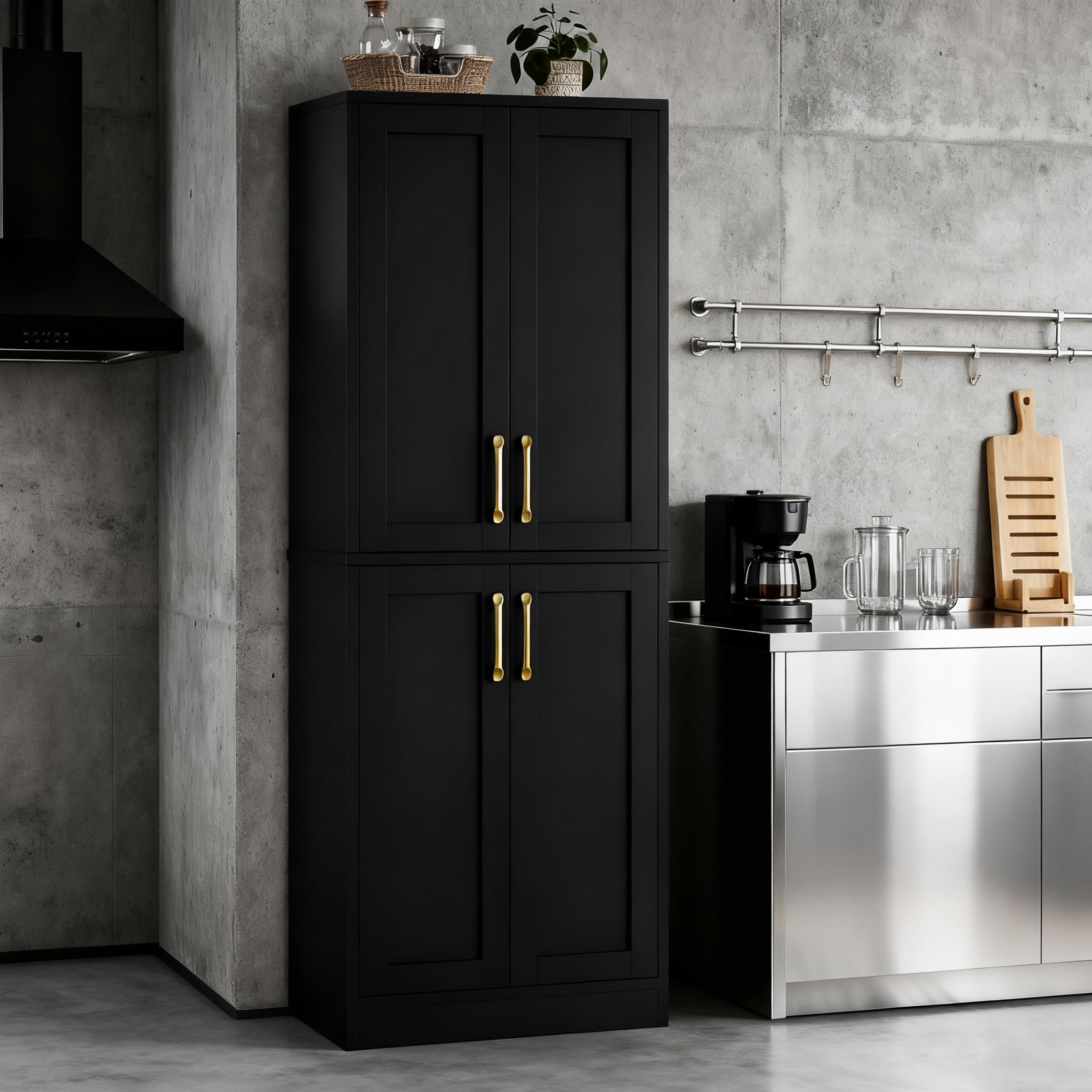 Pantry - Kitchen Pantry Cabinet with 4 Doors and Adjustable Shelves, Tall Black Cabinet Freestanding Storage Cupboard for Dining Room Living Room, Laundry, Bathroom (Black)