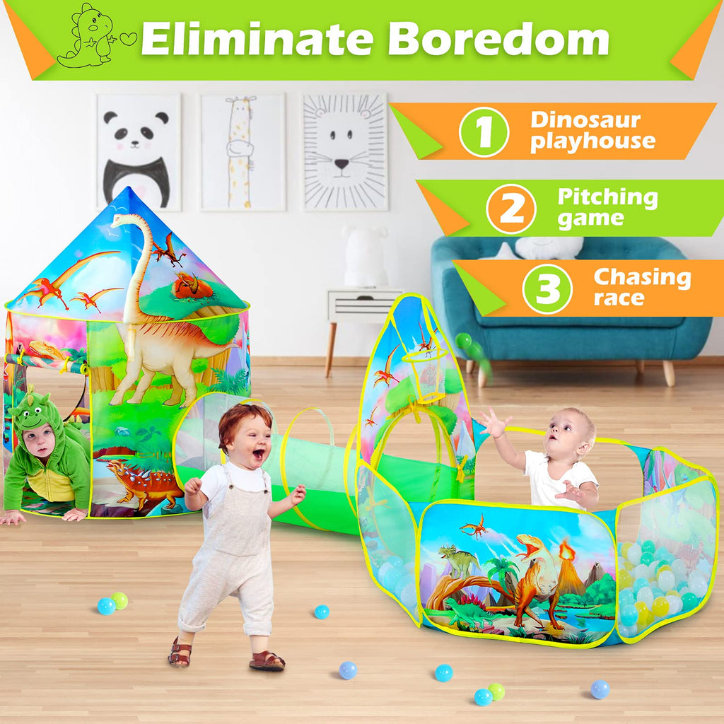 GeerWest 3PC Dinosaur Tent for Girls with Kids Ball Pit, Kids Play Tents and Crawl Tunnel for Toddlers, Pink Pop Up Playhouse Toys for Baby Indoor& Outdoor Tent Games, Birthday Kid’s Gifts