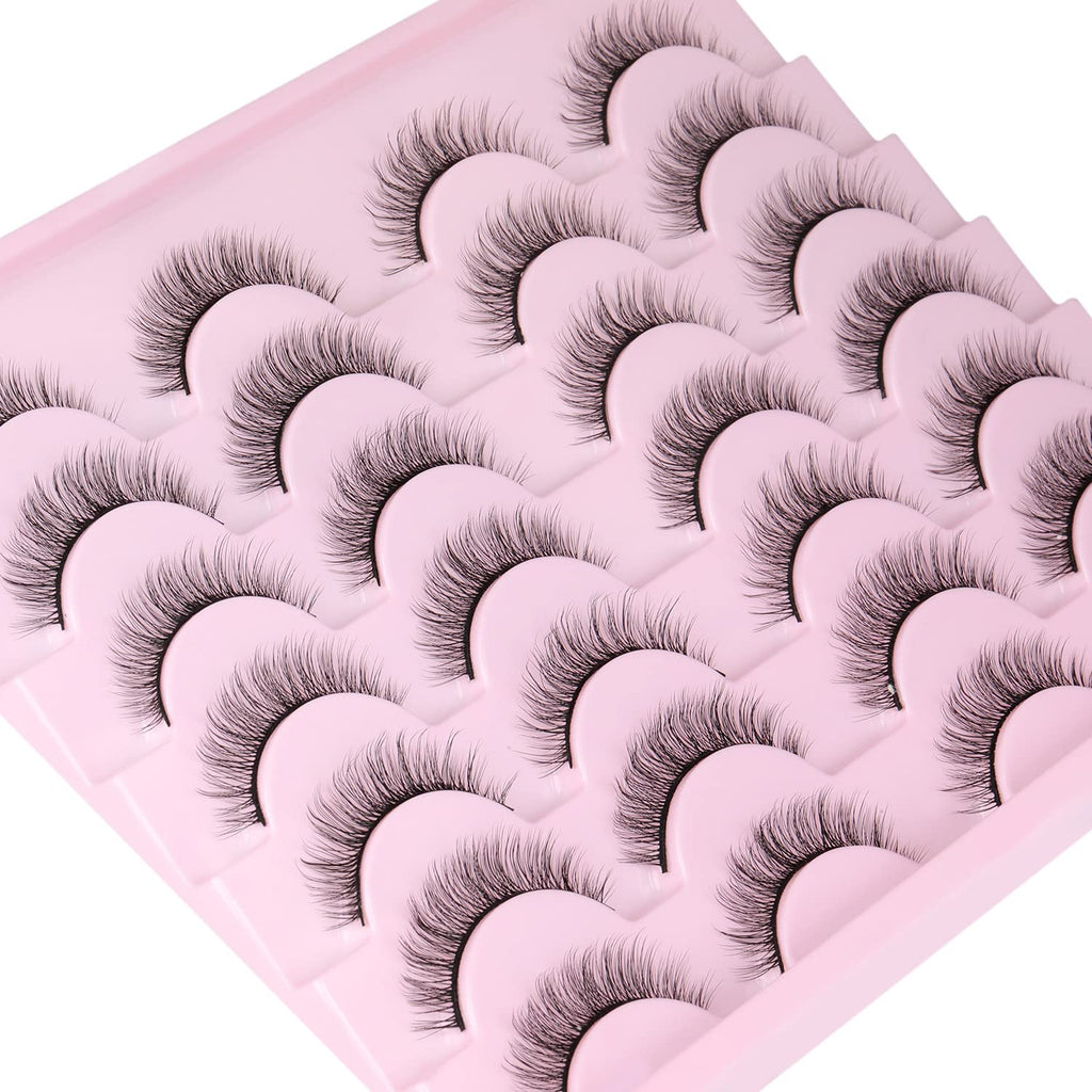 False Lashes Natural Look Wispy Eyelashes Manga Korean Spiky 16mm Short Faux Mink Eyelashes Cat Eye Natural Fake Eyelashes Strip Lashes Pack 14 Pairs