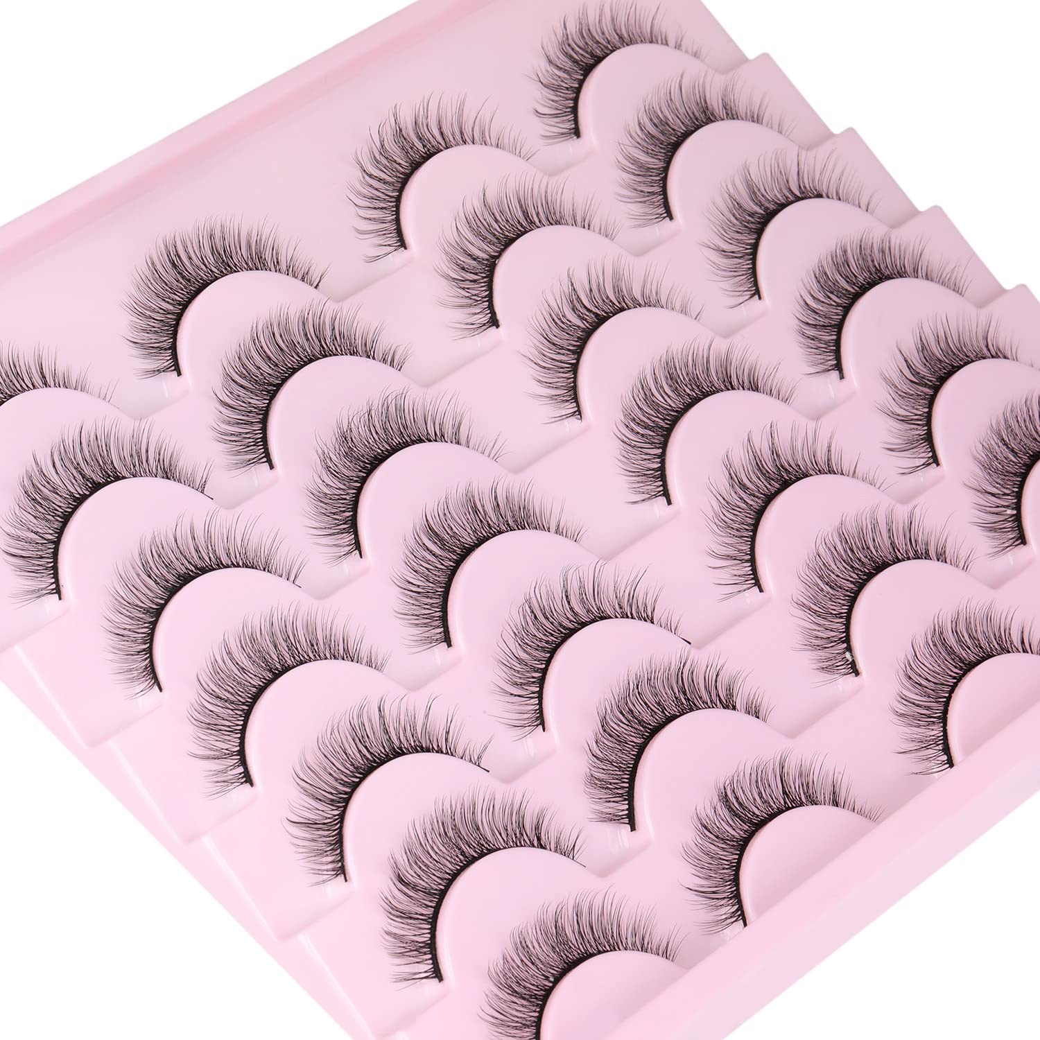 False Lashes Natural Look Wispy Eyelashes Manga Korean Spiky 16mm Short Faux Mink Eyelashes Cat Eye Natural Fake Eyelashes Strip Lashes Pack 14 Pairs