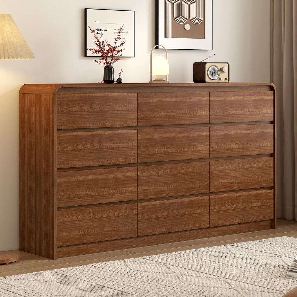 Messenya Modern 6 Drawer Dresser, 47-Inch Wood Chest of Drawers, Curved Anti-Collision Design, Mid-Century Storage Cabinet, Pre-Embedded Slots, for Bedroom, Living Room, TV Stand, Nursery