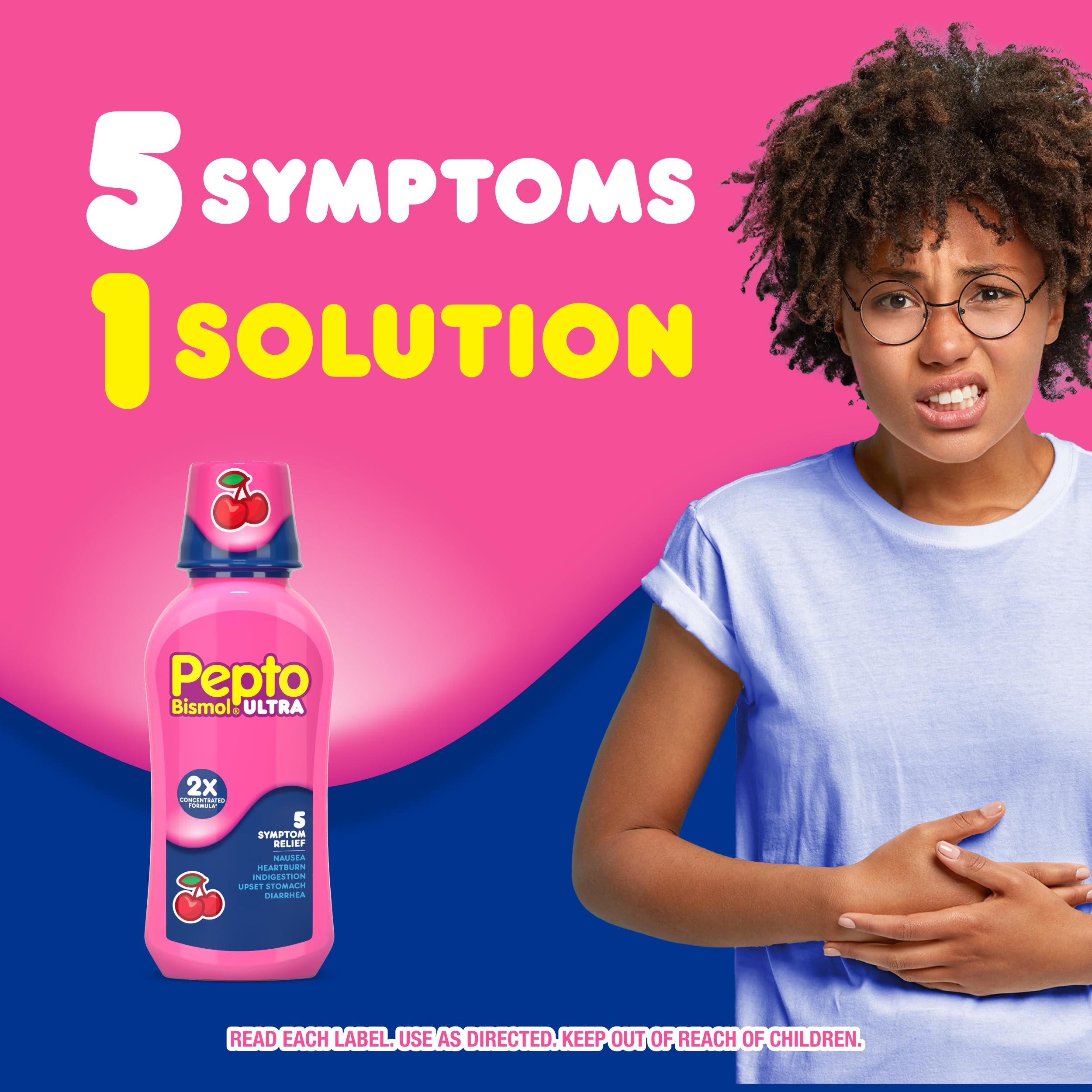 Pepto Bismol ULTRA Liquid for Nausea, Heartburn, Indigestion, Upset Stomach, and Diarrhea - 5 Symptom Fast Relief Medication for Adults, Cherry Flavor, 2x16 oz
