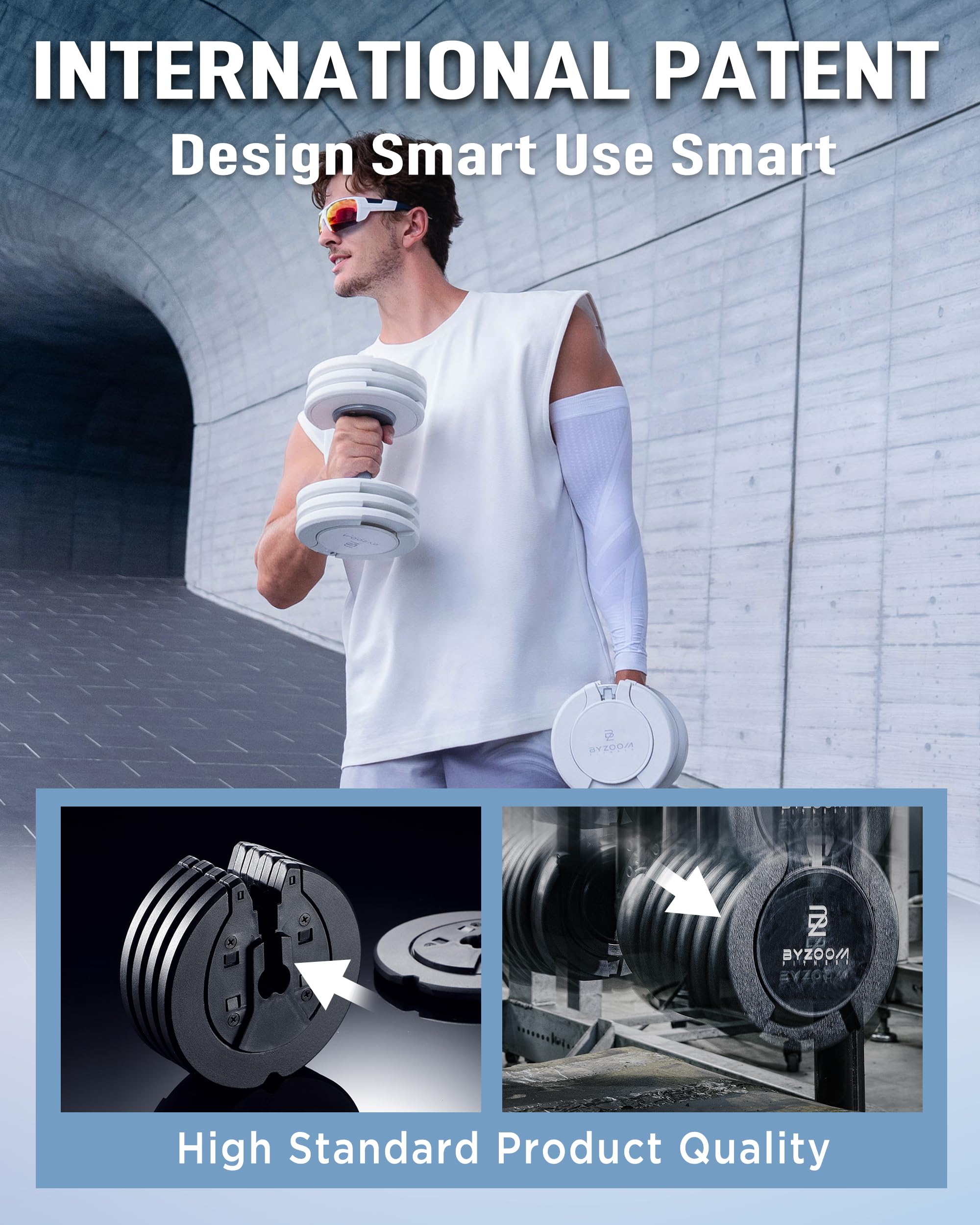 BYZOOM FITNESS Pure Series Adjustable Dumbbell - 12.5/25/27.5/50/55/75lb - ONE UNIT OR PAIR(check QTY before purchase) - 5-in-1/ 10-in-1 / 15-in-1 / 21-in-1 Flexible Hand Weights for Home Apartment Garage Gym, Strength Training & Fitness Workouts, White O