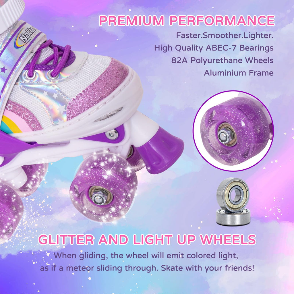 Nattork Girls Roller Skates for Kids, 4 Size Adjustable Rainbow Quad Skates with All Light Up Wheels - Best Birthday Gift for Outdoor Sports