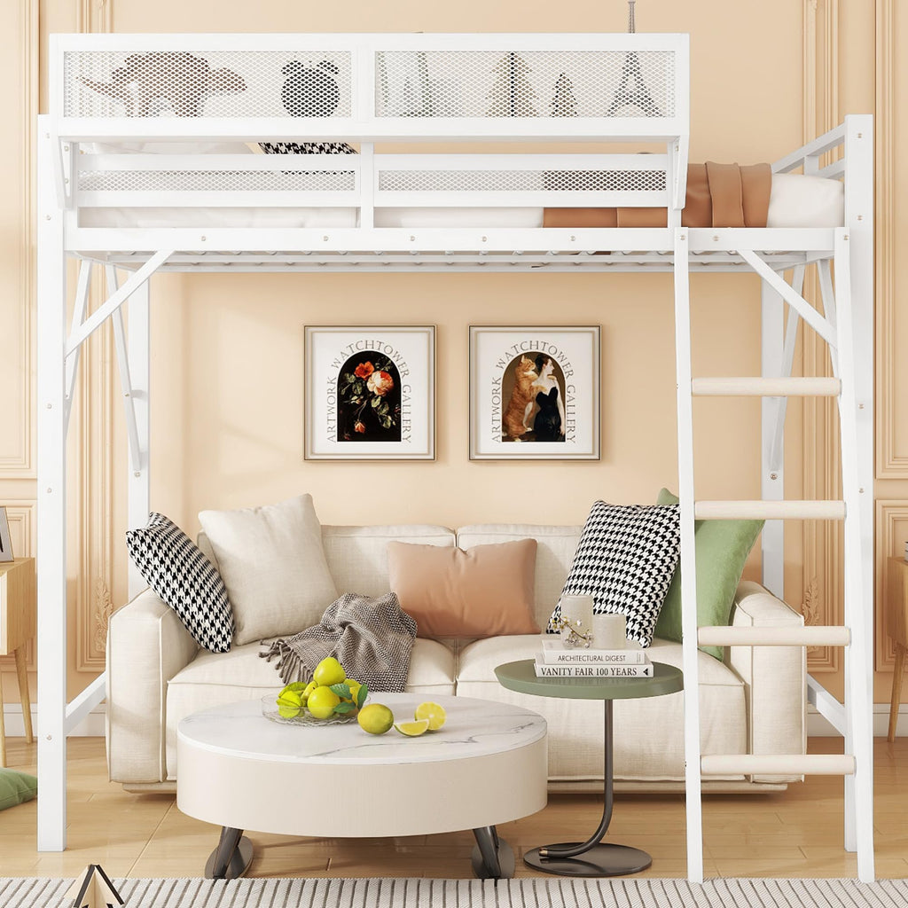 Mirightone Full Size Loft Bed with Stairs, Metal Loft Beds, High Loft Bed Frame with Storage Shelves, Lofted Full Bed with Wardrobe for Kids and Teens, No Box Spring Needed (Black)