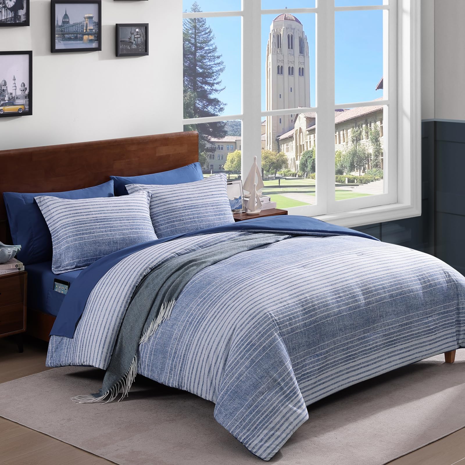 AMBERSPACE Plaid Twin XL Comforter Set Black, Reversible Checkered Bedding Set 5 Pieces for Boys Girls Teen, Lightweight Bed in a Bag for Dorm with Sheets, Pillowcase & Sham