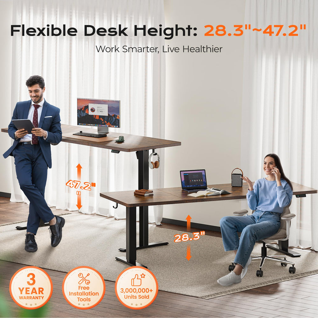 Huuger 48 x 28 Large Electric Standing Desk, Height Adjustable Desk, 27.6" Deep Desktop, Stand up Gaming, 2 Hooks, 3 Preset Heights, for Home Office, Black