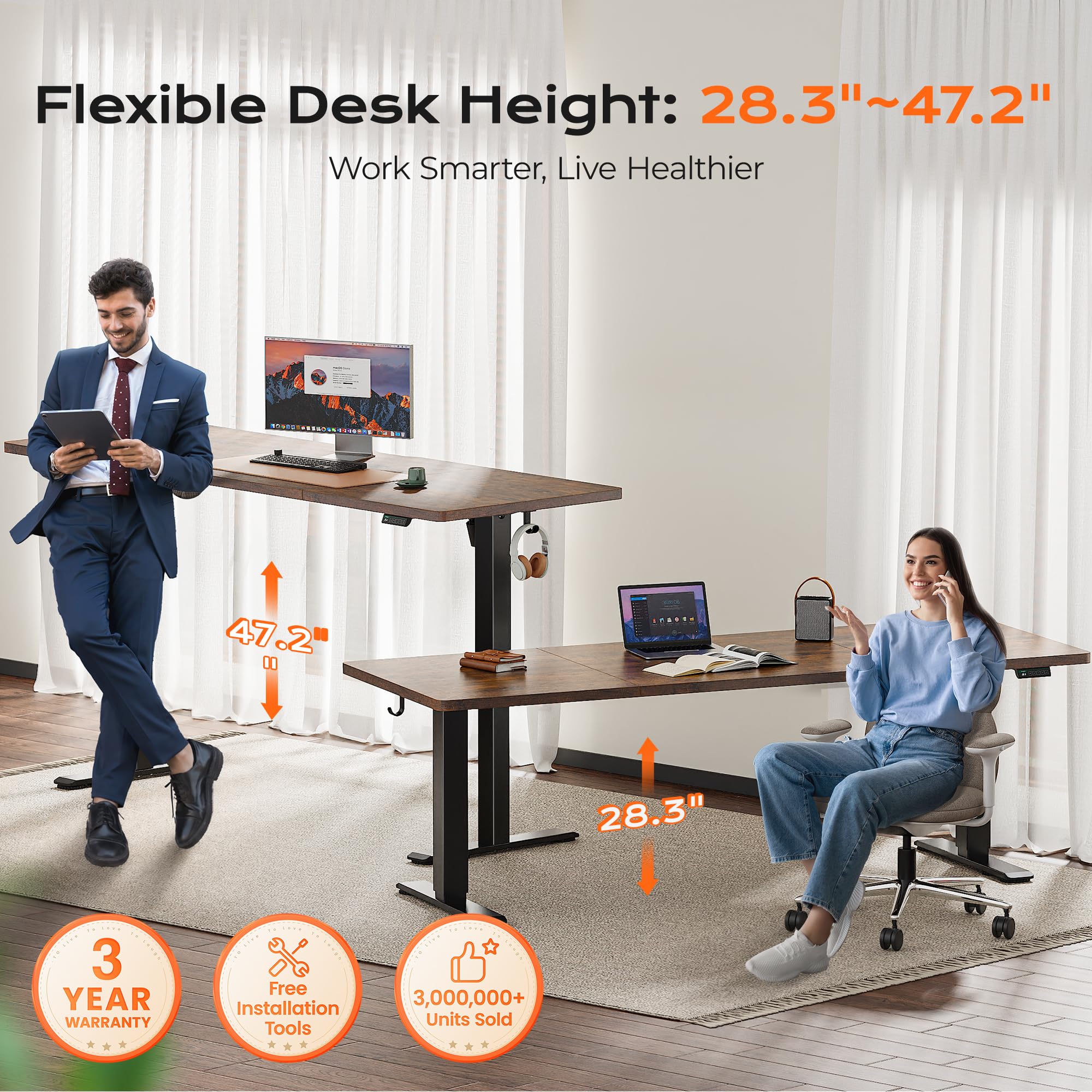 Huuger 48 x 28 Large Electric Standing Desk, Height Adjustable Desk, 27.6" Deep Desktop, Stand up Gaming, 2 Hooks, 3 Preset Heights, for Home Office, Black