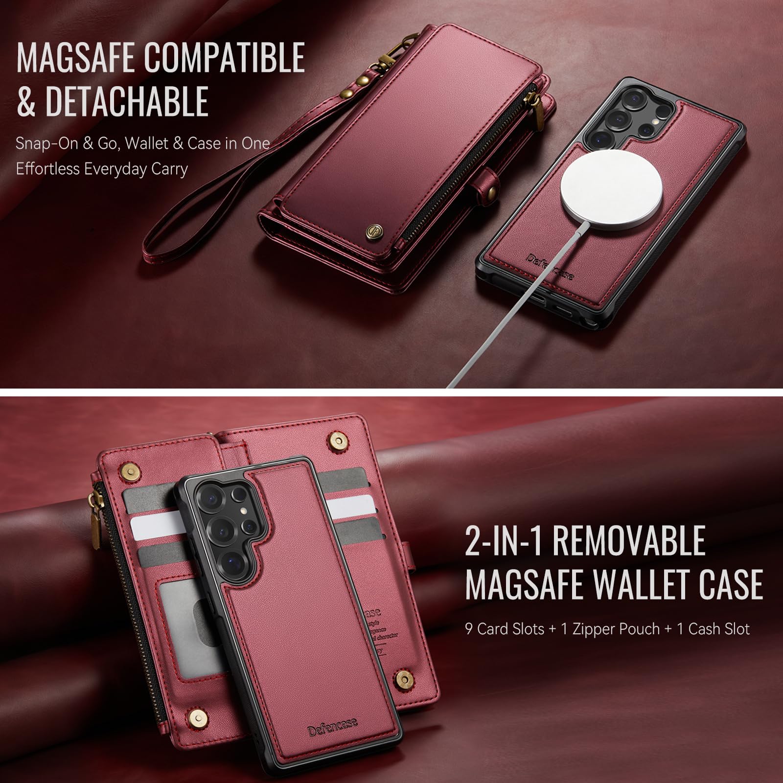 Defencase for Samsung Galaxy S25 Ultra Magnetic Wallet Case Compatible with Magsafe with RFID Blocking Zipper & Card Holder Women, PU Leather Detachable Phone Case for Galaxy S25 Ultra 6.9", Black
