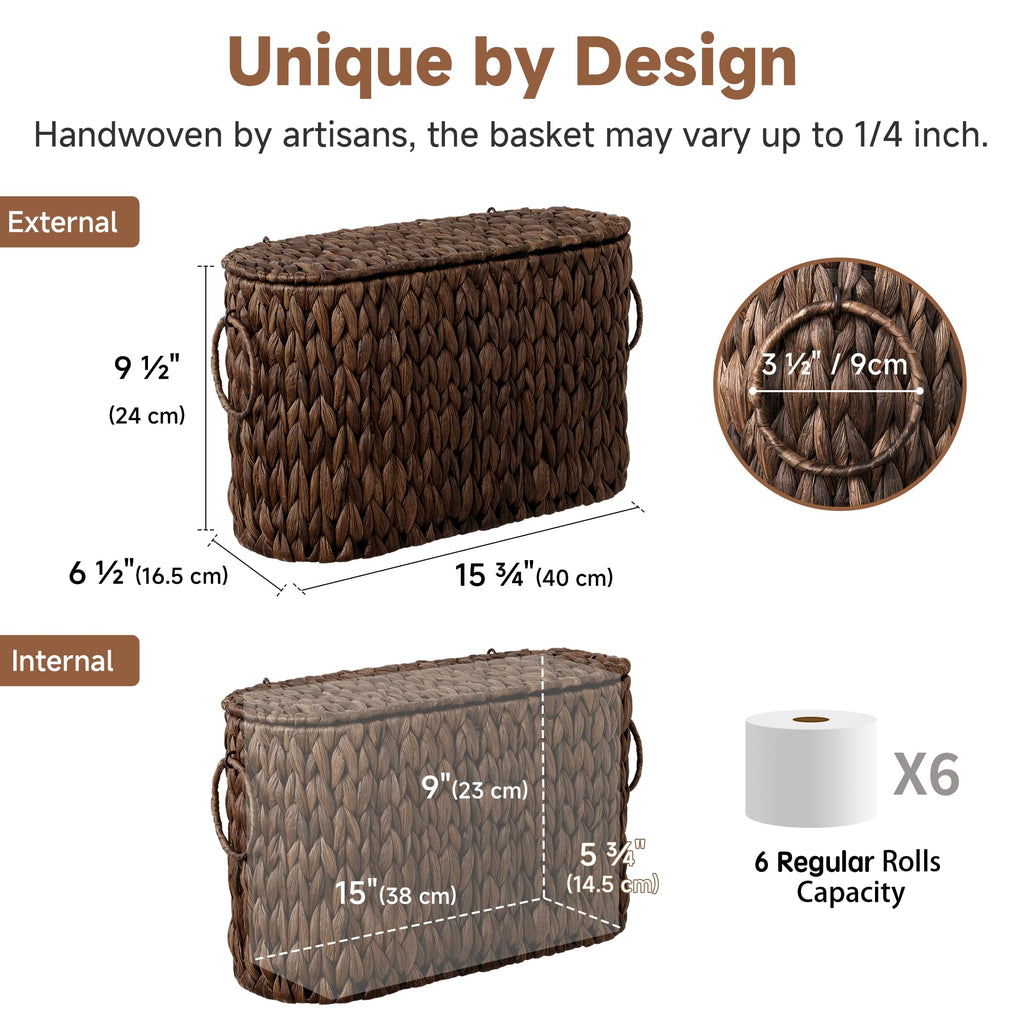 StorageWorks Bathroom Toilet Paper Storage Holder with Lid, Wicker Toilet Paper Basket for 6 Regular Rolls, Slim Basket Organizer with Handles, Water Hyacinth Storage Baskets for Bathroom, Brown