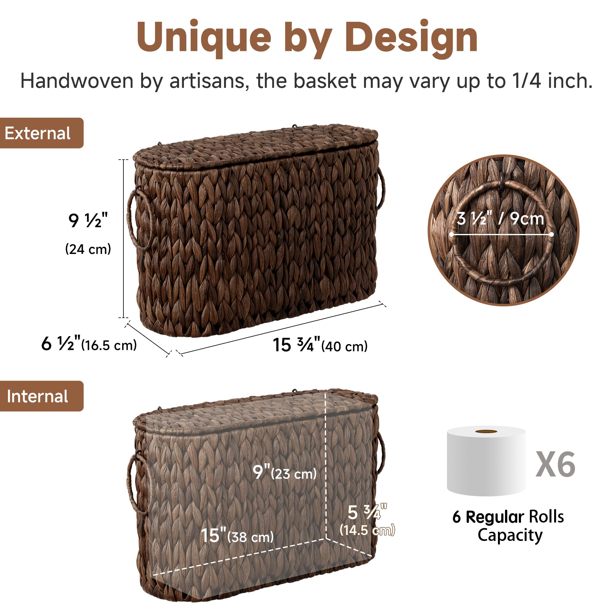 StorageWorks Bathroom Toilet Paper Storage Holder with Lid, Wicker Toilet Paper Basket for 6 Regular Rolls, Slim Basket Organizer with Handles, Water Hyacinth Storage Baskets for Bathroom, Brown