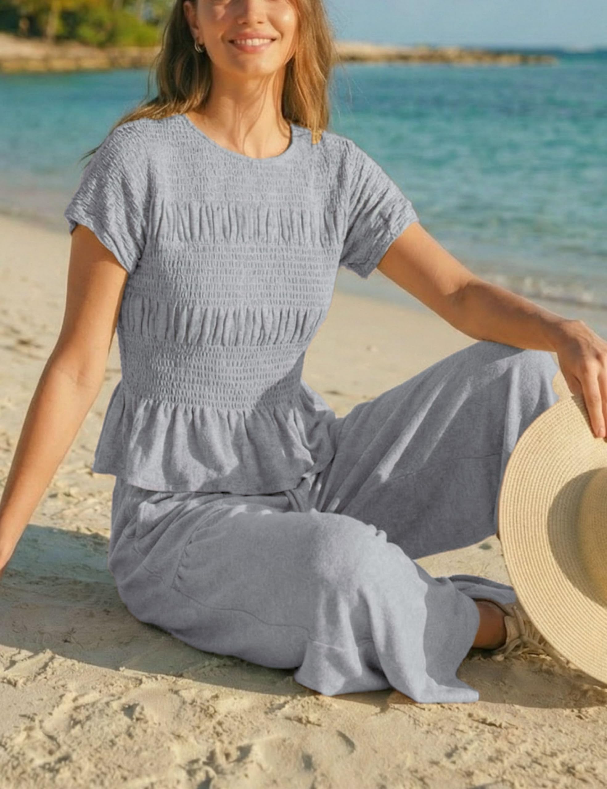 Antnation Womens 2 Piece Smocked Top Wide-Leg Pants Set High-Waisted Lounge Outfit with Pockets Casual Boho Matching Set
